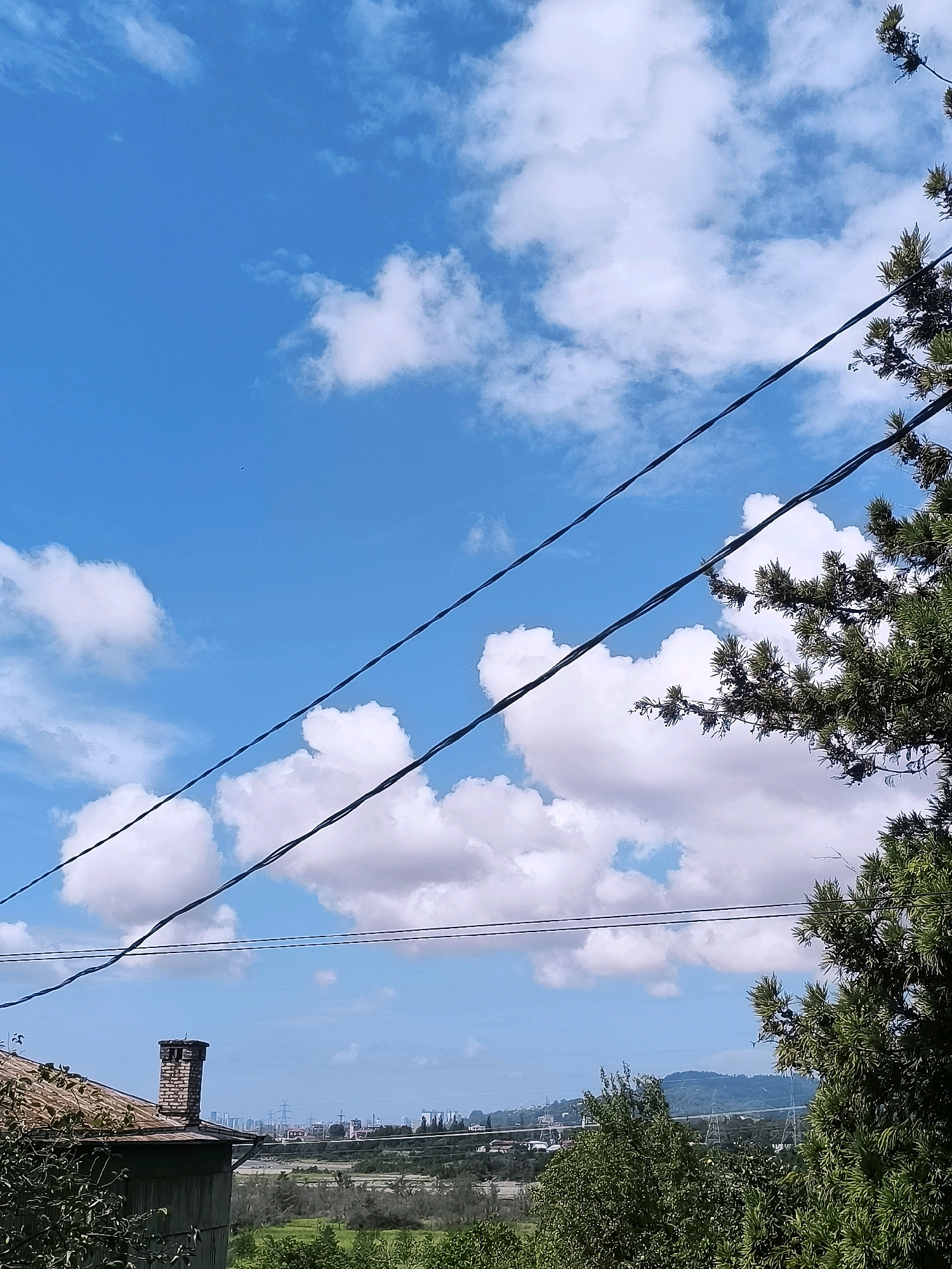 The image depicts a bright, sunny day with a clear blue sky dotted with fluffy white clouds. In the foreground, a portion of a building's roof and chimney are visible on the left, with dense green foliage in the lower left and right corners. Diagonal power lines stretch across the frame from the top left to the bottom right. In the mid-ground, a verdant landscape with trees and vegetation leads to a distant cityscape. The city appears to be Batumi, Georgia, evidenced by the presence of various buildings, including what appear to be apartment complexes and industrial structures, with hills and mountains in the far background. The overall impression is one of a peaceful, semi-urban environment under a pleasant sky.