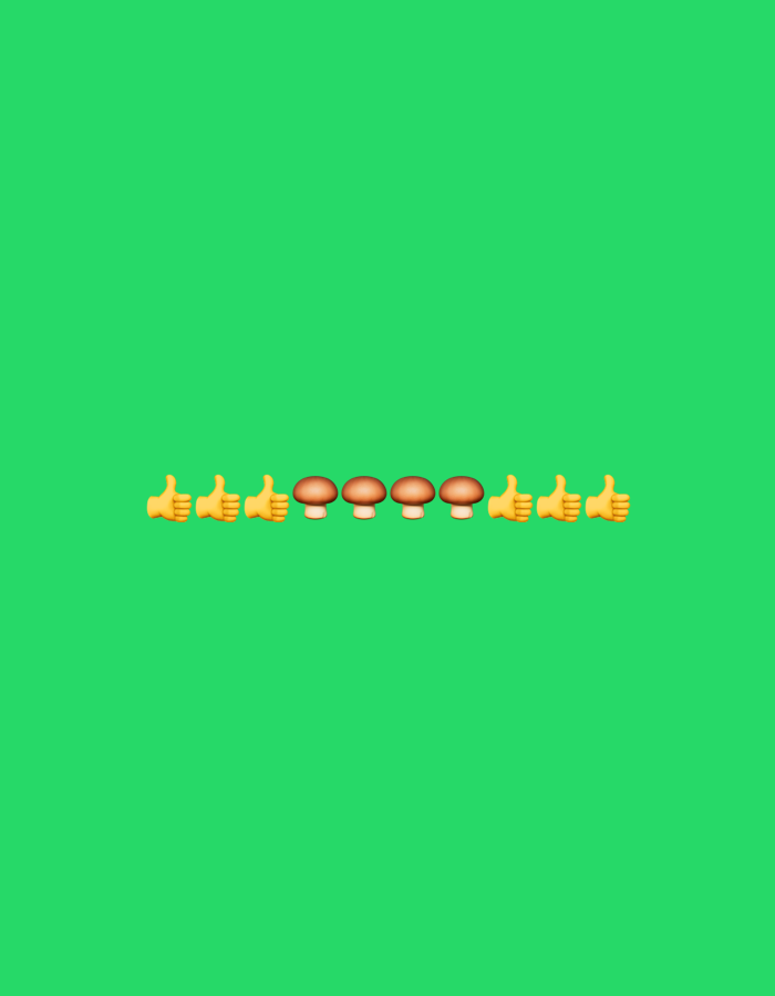 The image shows a row of four mushroom emojis alternating with four thumbs-up emojis against a solid green background. The emojis are positioned horizontally in the lower center of the frame. The image is not located in Gorzow, Poland, or any other city. It is a digital graphic.