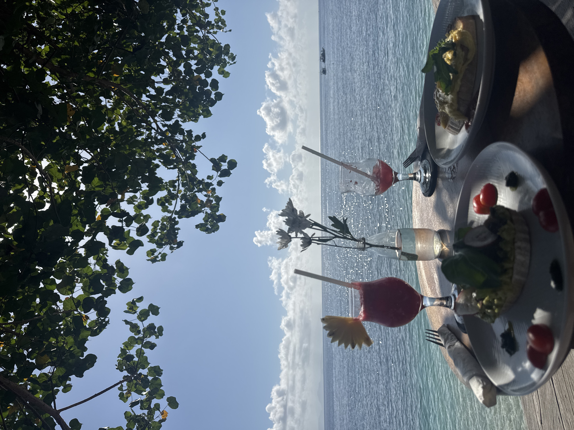 A beachfront table at Nusa Penida, Indonesia, is set for a meal with two plates of food and drinks. The table, made of weathered wood, is positioned to overlook a bright blue ocean under a partly cloudy sky. Overhanging branches with green leaves frame the top of the image.
On the left, a white plate holds an open-faced sandwich topped with mashed avocado, cherry tomatoes, and greens. To its right, a stemmed glass contains a pink beverage with a pineapple slice garnish and a straw. Beside the drink, a clear vase holds a few white flowers. In front of the vase, a second stemmed glass, nearly empty, also has a straw.
To the right of the first plate, another white plate features a slice of toast topped with scrambled eggs and a sprig of greenery. A fork rests on a folded white napkin to the left of the first plate. In the distance, two small boats are visible on the ocean. The water near the shore is a lighter turquoise, gradually deepening to a rich blue. Sunlight glints off the surface of the water.