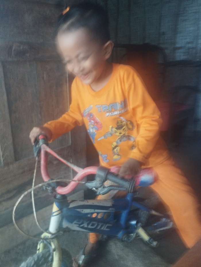 This media file captures a joyful moment of a young child, likely a boy, positioned with a small bicycle. The child, with short dark hair tied back with an orange clip, is wearing a bright orange long-sleeved shirt and matching pants. A wide smile or laugh is visible on their face, conveying happiness, though their features are blurred due to motion.
The child is holding onto the red handlebars of a blue, white, and red child-sized bicycle. The brand name "EXOTIC" is clearly visible in white letters on the bicycle's blue frame. The child's orange shirt features graphics including the text "TRANSFORMERS" and depictions of characters like Optimus Prime and Bumblebee.
The scene appears to be set indoors or in a sheltered outdoor area, possibly a simple home or yard in Kecamatan Arjasa, Indonesia. A wooden wall or paneling is visible on the left side of the background, while the right side is darker and less defined. The lighting suggests indirect or somewhat dim conditions, contributing to the motion blur that affects the child's figure. The photograph captures a candid moment of play and childhood delight.