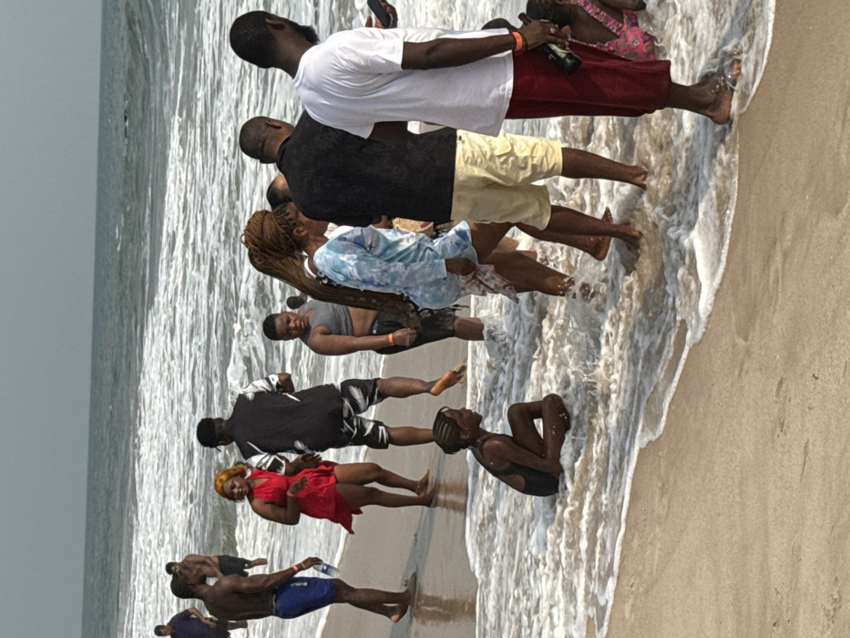 A group of people stand on a beach, many in the surf. The ocean is on the left, and sand is on the right. The people are wearing various casual clothing, including swimwear, shorts, shirts, and a red dress. Some are barefoot, standing in the water, while one person is sitting down. The sky is overcast and gray.