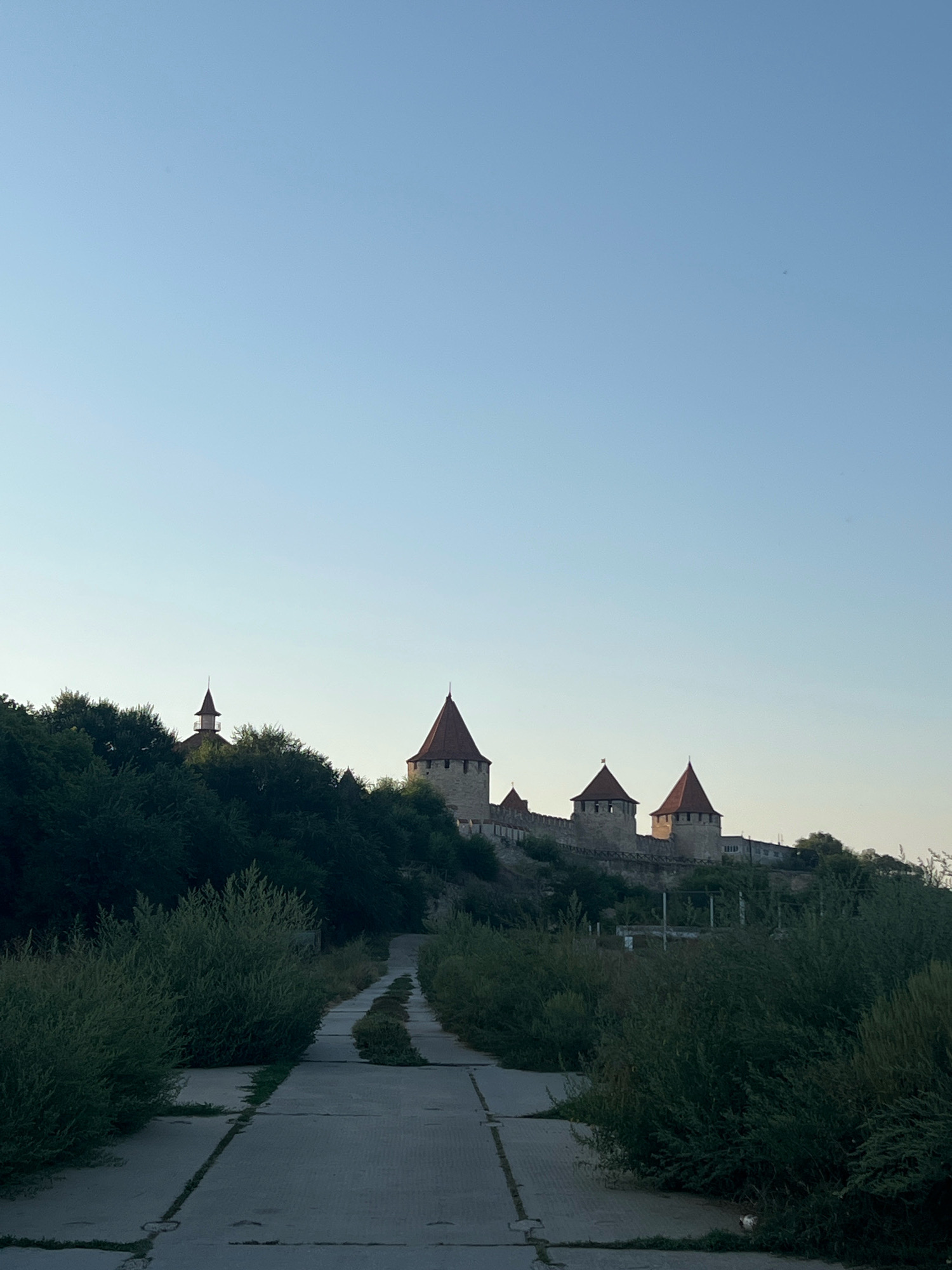 The image shows a view of the Bender Fortress in Bender, Moldova, under a clear sky. A weathered concrete path, overgrown with vegetation, leads upwards towards the fortress. The fortress is situated on a hill, with several stone towers topped with red conical roofs. Lush green trees and bushes flank the path and surround the base of the hill. The lighting suggests it is either early morning or late afternoon, casting a soft glow on the scene. There are no people or animals visible in the frame.
