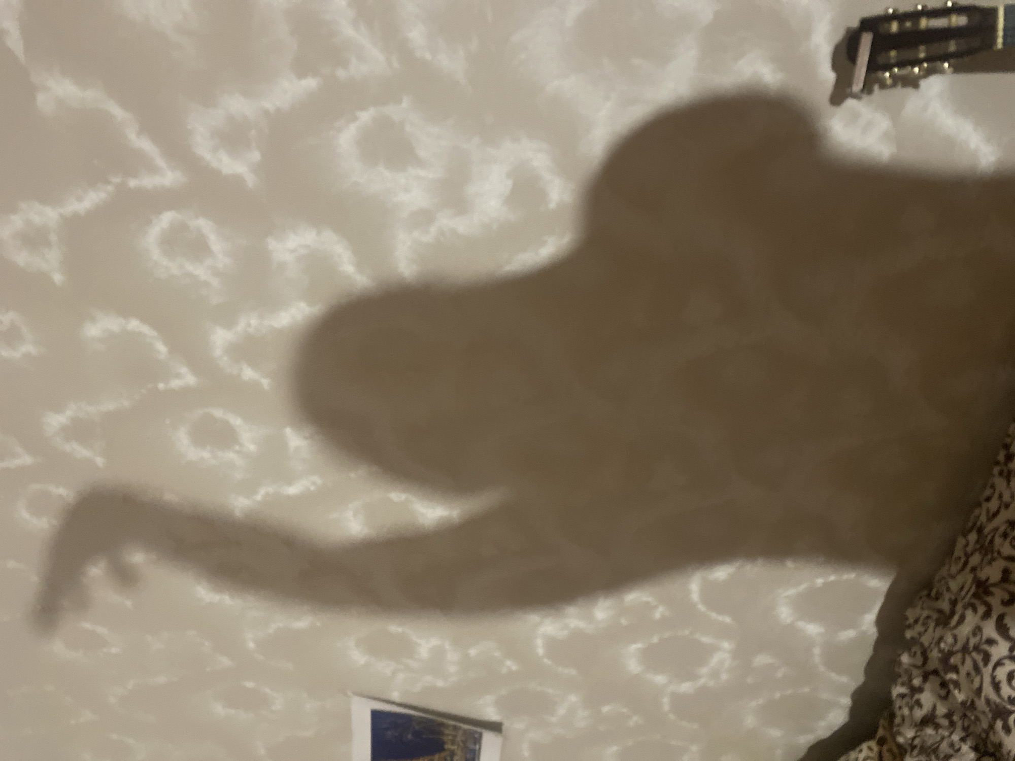 The image shows a shadow of a person with their arm raised on a textured wall. To the left of the shadow, a framed picture is visible. In the bottom right corner, the headstock of a guitar is present. The scene is dimly lit, creating the shadow. The location of the image is in the city of Chornomorsk, Ukraine.