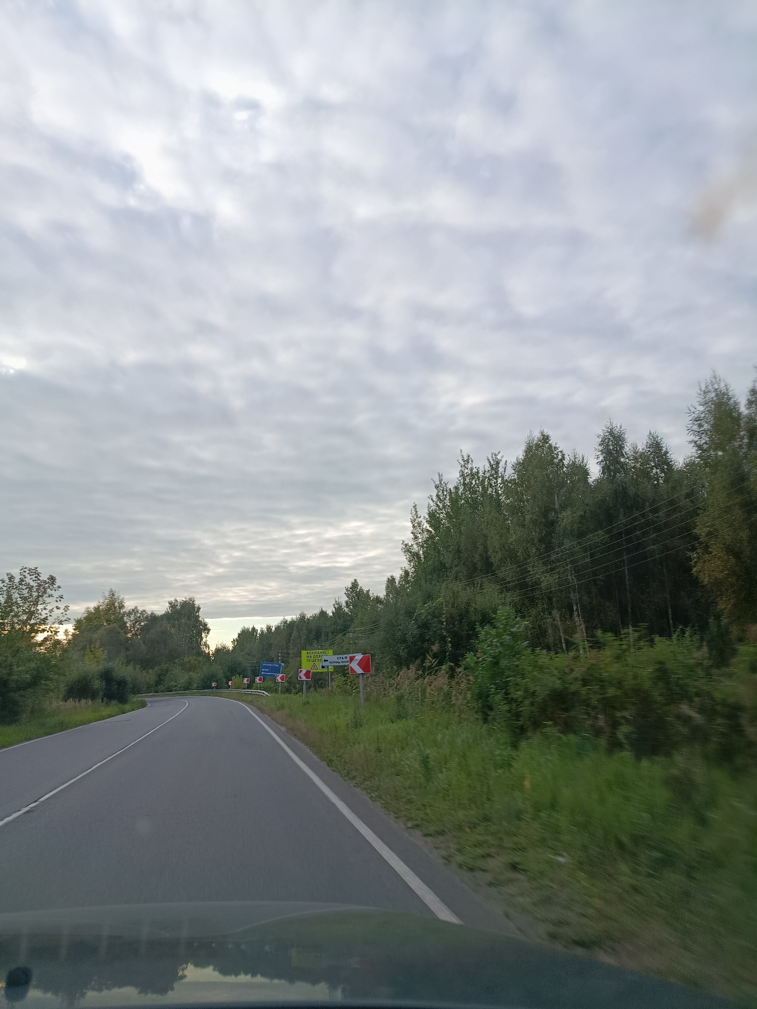 The image depicts a rural road in Verеyа, Russia, under an overcast sky. The road curves to the left and is lined with dense green trees and vegetation on both sides. Several traffic signs are visible along the roadside. On the right, there is a yellow sign with black text indicating directions, and a red and white chevron sign warning of a sharp curve. On the left side of the road, there are also several red and white chevron signs indicating curves. The foreground shows the dashboard and windshield of a vehicle, suggesting the image was taken from a moving car.