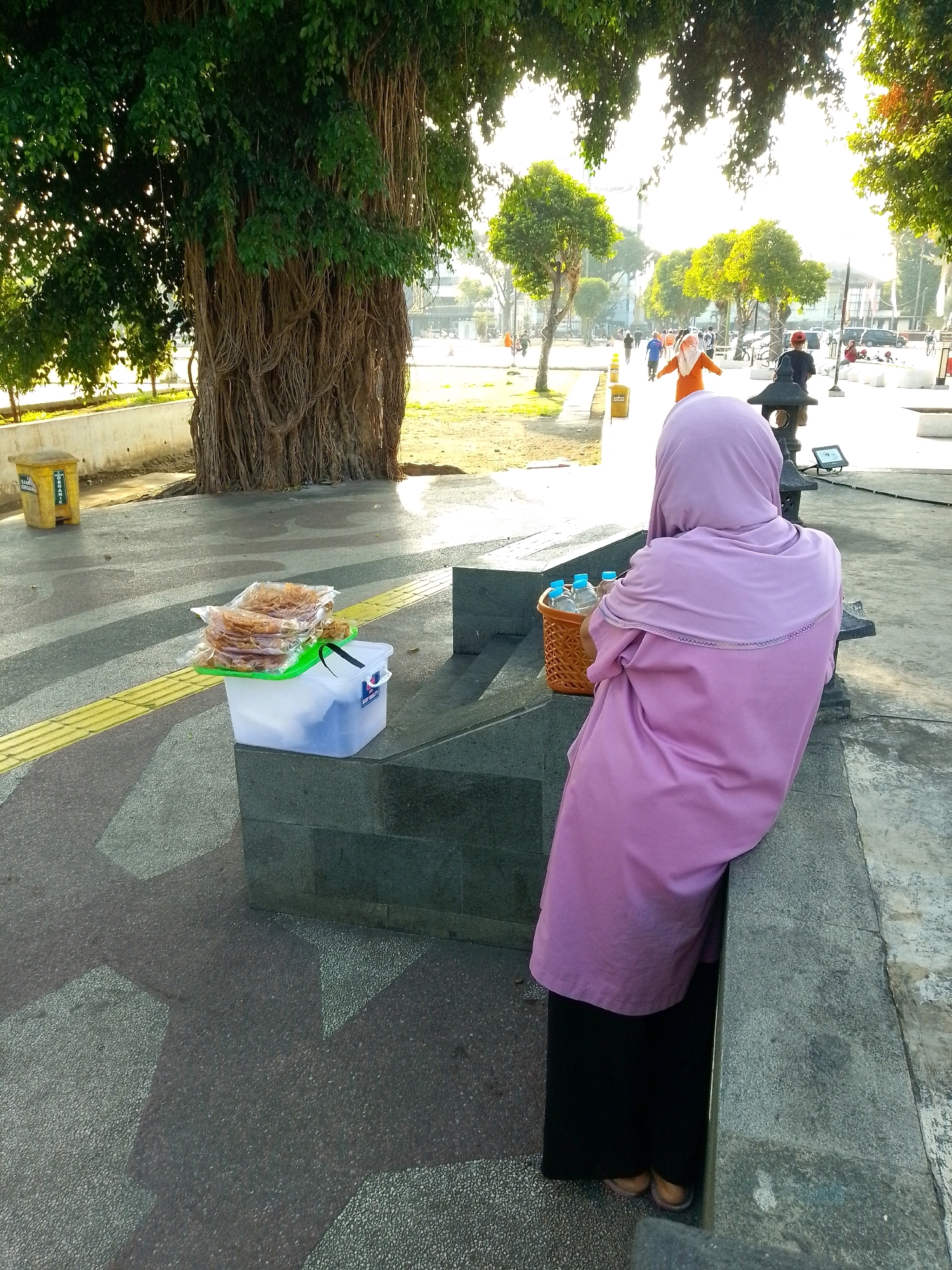 The image depicts a scene in a public park, likely Alun-Alun Jember, Indonesia, characterized by lush greenery and a sunny atmosphere. A large banyan tree with extensive aerial roots dominates the left side of the frame, casting dappled sunlight on the paved ground. In the foreground, a woman wearing a lilac hijab and black attire is seated on a concrete ledge, facing away from the camera. Beside her, on the ledge, are a woven basket containing several bottles of water and a white plastic container holding packaged snacks, possibly crackers or chips, on a green tray. The background reveals more trees, people engaged in various activities like walking and cycling, and some parked vehicles, suggesting a lively public space. The overall impression is one of a bright, active day in a well-maintained urban park.