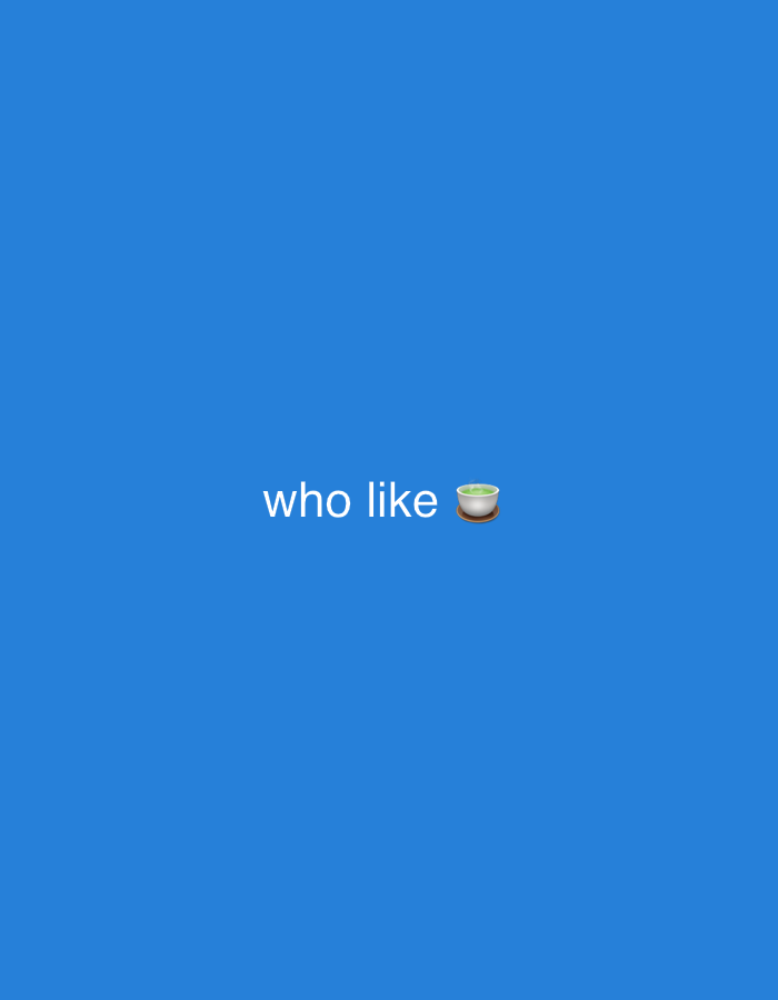 The image displays a solid, uniform blue background. Centered horizontally and slightly above the vertical midpoint, white text reads "who like". Immediately to the right of the word "like", a green tea bowl emoji (🍵) is depicted, showing a ceramic bowl containing a green liquid, possibly matcha tea, on a small wooden coaster. The scene provides no contextual elements of Jiulongpo District, China; however, the location is specified as Jiulongpo District, China. There are no individuals, further objects, or explicit actions present in the visual frame.