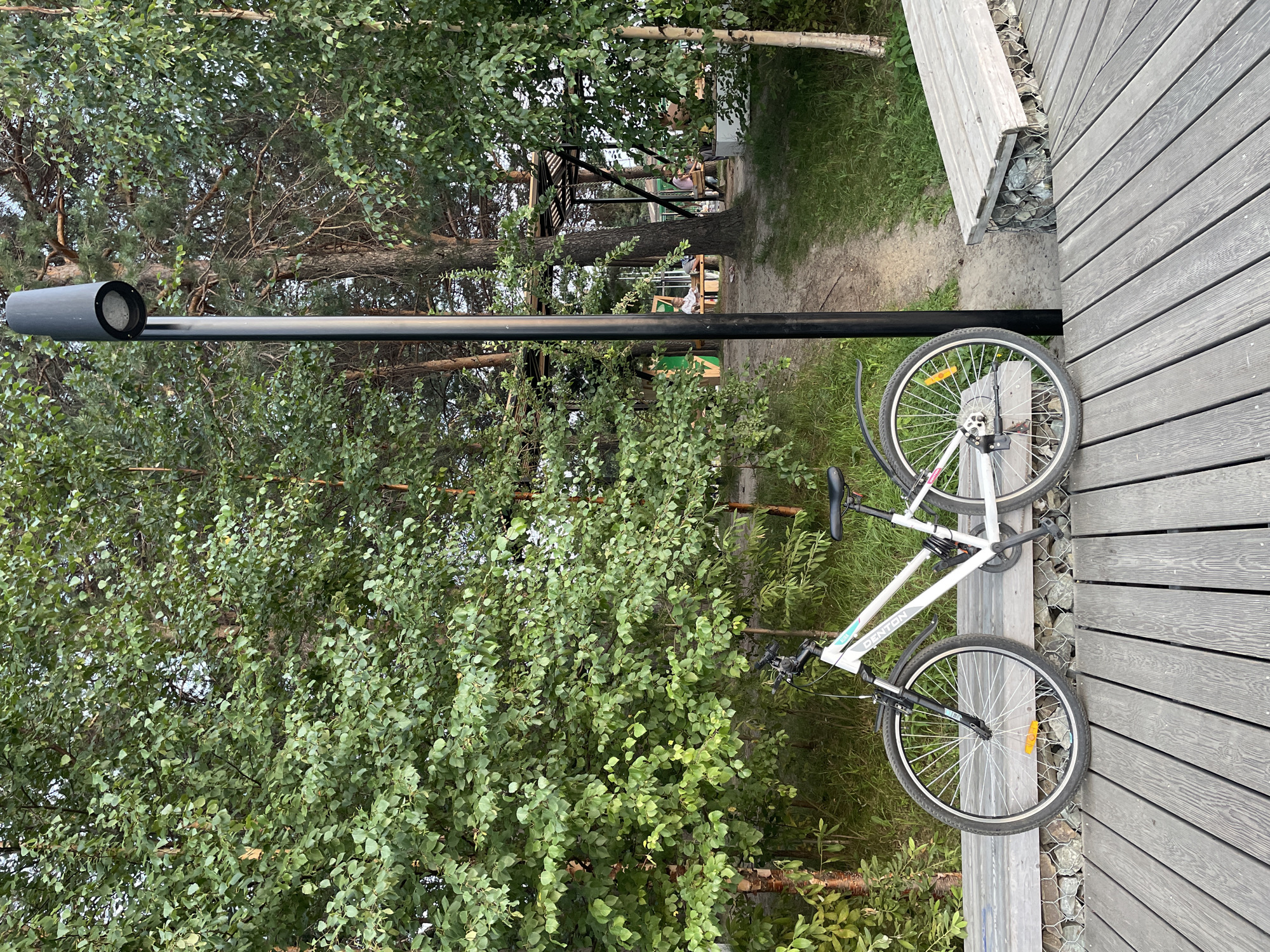 The image depicts an outdoor scene with a white bicycle parked on a wooden boardwalk. The bicycle is positioned to the left of a tall, black lamppost, which stands in front of a dense grove of green trees. The boardwalk is made of weathered gray planks, and to the right, a wooden bench with a gabion base is visible. In the background, beyond the trees, there are glimpses of picnic shelters and a sandy path. A few individuals can be seen sitting at tables under the shelters. The overall environment suggests a park or recreational area, likely near a body of water given the boardwalk and natural setting. This scene is located in the city of Surgut, Russia.