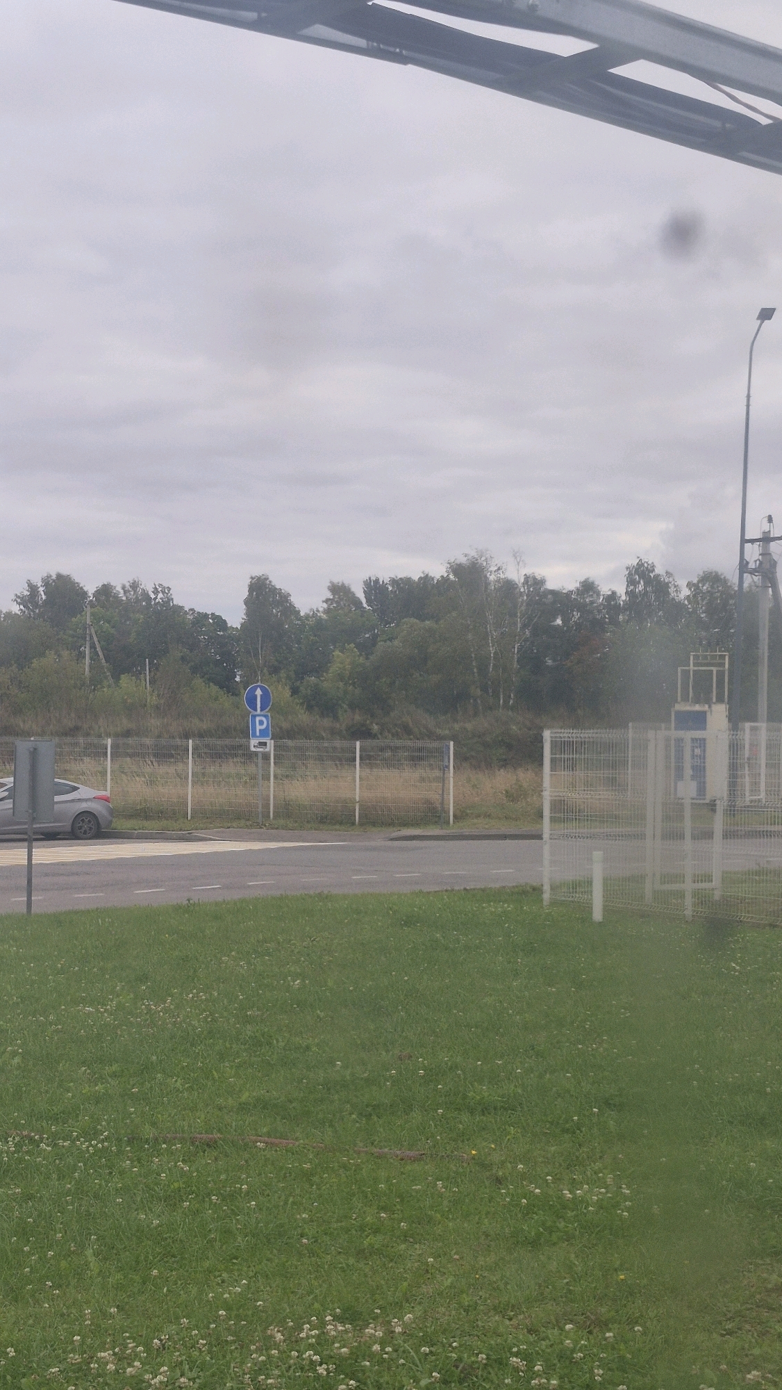 The image depicts a street scene on an overcast day in the settlement of Tolbino Maloye, Russia. In the foreground, a patch of green grass with small white flowers is visible. A paved road with white lane markings runs horizontally across the middle ground. To the left of the road, a silver sedan is parked. A traffic sign with a blue circle and a white letter "P" inside, indicating parking, is positioned on a pole to the right of the car. Behind the road and parking sign, a wire mesh fence runs across the scene, separating the road area from a grassy embankment covered with trees and foliage. In the distance, a street lamp stands to the right, and a portion of a structure, possibly a booth or shelter, is visible behind the fence. The sky is heavily clouded, suggesting a gray and potentially damp atmosphere.
