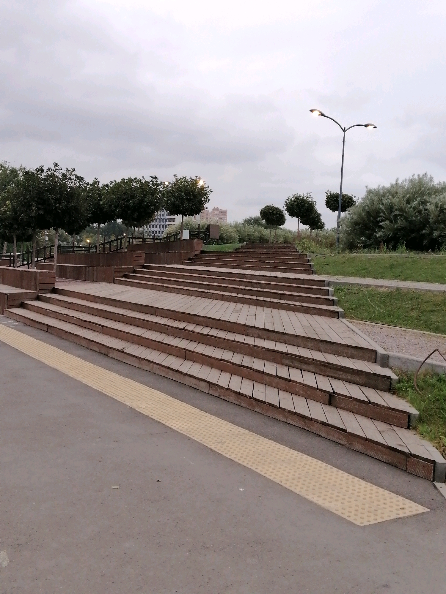The image shows an outdoor scene in Rostov-on-Don, Russia. A wide, multi-tiered wooden staircase with many steps dominates the foreground and middle ground. The staircase appears to be made of planks and is set into a grassy embankment. To the left of the staircase, there is a paved walkway with a yellow textured tactile paving strip. In the background, there are several trees, some of which are neatly trimmed into round shapes. A double-headed street lamp with illuminated lights is visible on the right side of the background. Beyond the trees, buildings and more vegetation can be seen under a cloudy, overcast sky. The overall impression is of a park or public recreational area. There are no people or animals present in the image.