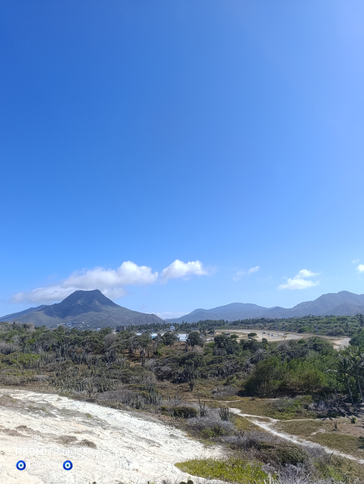 The image shows a landscape in Playa Parguito, Venezuela. In the foreground, there's a sandy area with sparse vegetation, including cacti and low-lying plants. Beyond that, the terrain slopes down to reveal a more densely vegetated area, consisting of shrubs and trees. In the background, mountains rise against a clear blue sky, punctuated by a few white clouds. A road is visible in the middle ground. There are no people visible in the image.