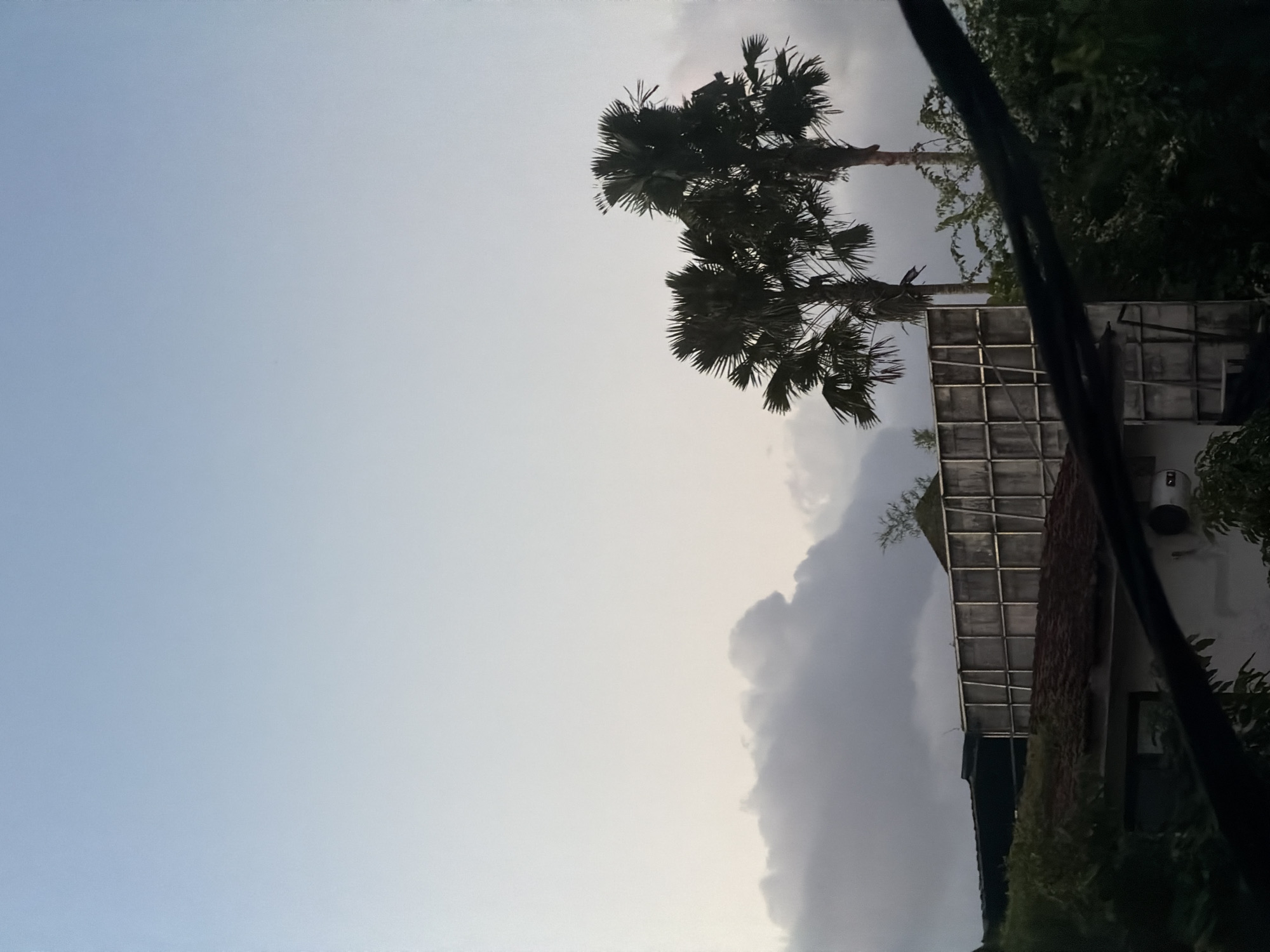 The image, taken in North Kuta, Indonesia, depicts an outdoor scene dominated by a vast sky and prominent cloud formations. The majority of the left and upper portions of the frame show a gradient sky, transitioning from a light blue to a pale grey or white, indicating soft, diffused light. On the right side, a substantial, dark grey cloud mass is visible, suggesting an overcast condition or approaching weather.
Two large palm-like trees with dense, fanned fronds are silhouetted against the sky and clouds in the mid-right of the image. Below and to the right of these trees, a section of a building is visible. It features a dark, possibly tiled, roof and a large, grid-patterned structure on its upper part, which could be a skylight, a sunshade, or a solar panel array. Part of a white wall and a cylindrical outdoor unit (possibly an air conditioner or water heater) are also discernible on the building. Dark green foliage and trees partially obscure the building on the far right and bottom right, indicating lush vegetation. A thick, dark utility cable runs diagonally downwards from the top right corner of the frame.
The lighting conditions, with the soft sky gradient and silhouetted elements, suggest either early morning or late afternoon/evening. No people or visible text are present in the image, and no specific activity is taking place; the scene is static, capturing a moment of an overcast sky over a tropical landscape and residential structure.