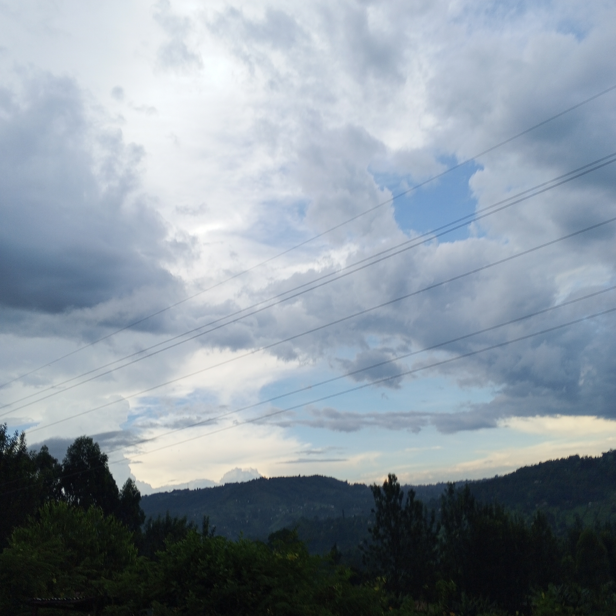 The image shows a landscape view in Borabu Chitago ward, Kenya. The foreground contains dense green foliage, likely trees and bushes. In the midground, rolling hills covered in trees extend across the horizon. The sky is filled with heavy, gray clouds, with a few patches of blue sky visible. Power lines stretch horizontally across the upper portion of the image.