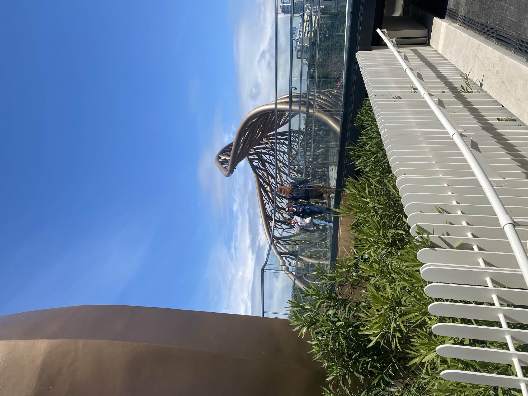 The image shows a section of the Arch Bridge in Sochi, Russia, seen from an elevated perspective. The bridge's architectural design includes metallic, intertwining, organic shapes. People are standing on the bridge, interacting and observing the view. A glass barrier surrounds the bridge's pedestrian area. Adjacent to the bridge, there's greenery, including bushes or plants, and a white, slatted architectural feature, possibly a fence or decorative element. The sky is blue with scattered clouds. In the background, city buildings and landscape can be seen, blurred through the glass barrier. The immediate foreground features a brown structure, likely part of the building or structure the image is taken from.