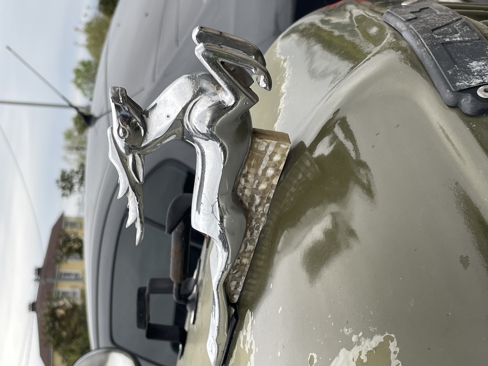 A close-up, angled photograph captures a shiny chrome hood ornament, sculpted in the form of a leaping deer or gazelle, prominently displayed on the hood of a vehicle. The ornament, highly reflective, gleams brightly, showing distorted reflections of the surrounding environment. It appears to be mounted on a custom base, possibly made of wood or a material with a distinct woven pattern.
The vehicle's hood is painted in a muted, possibly military-style, olive green. Its surface shows visible signs of wear and age, including paint chips, scratches, and areas where the paint has flaked off, revealing a lighter layer underneath. A black, textured component, resembling a latch or hinge, is situated on the hood near the upper right of the frame.
In the blurred background, out of focus, are green trees and light-colored structures, suggesting an outdoor setting during daylight hours. A thin antenna rod extends upwards from the vehicle on the left side. The scene evokes the presence of a classic or customized vehicle, potentially an older model, within an urban or suburban context in Sochi, Russia. There is no visible text in the image.