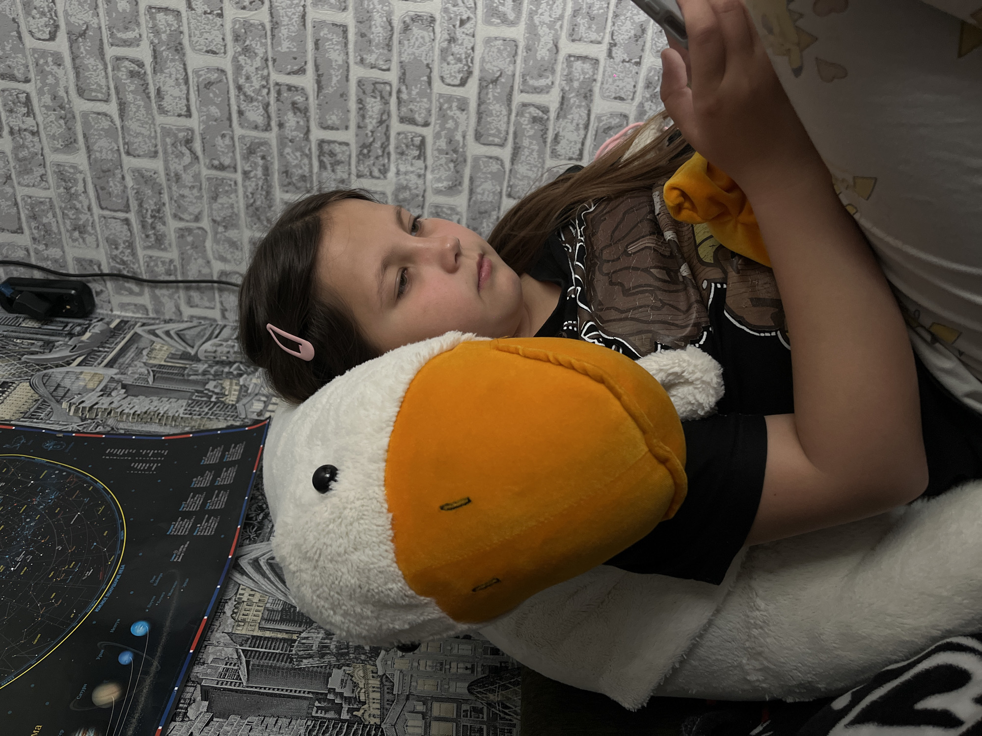 A young girl is lying down and looking at a phone. She is hugging a large stuffed duck. A poster of a star chart is beside her on the bed. The location is Novopokrovskaya, Russia.