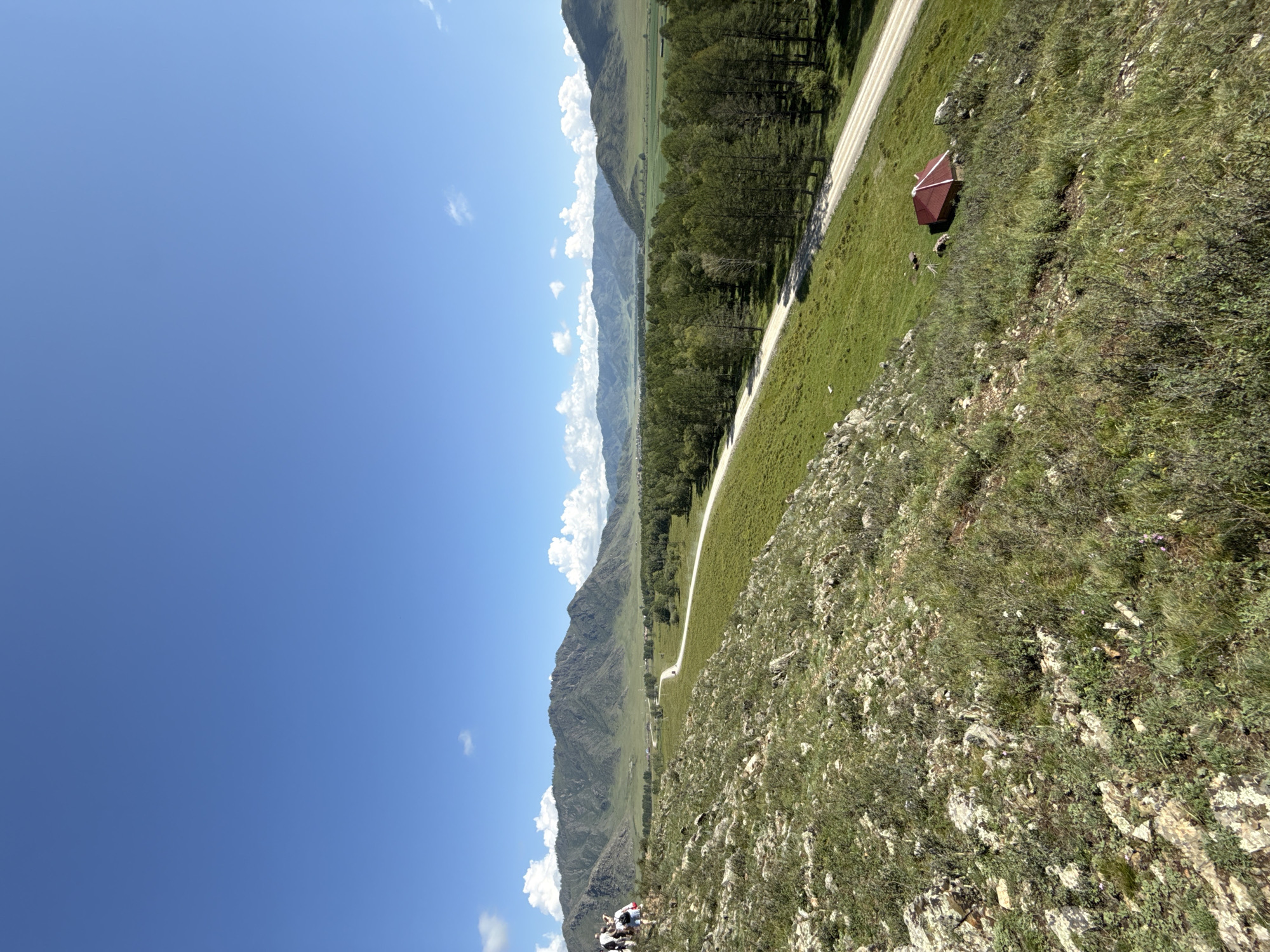 A wide-angle, high-angle shot captures a scenic landscape of rolling green hills and distant mountains under a bright blue sky with scattered white clouds. In the foreground, a rocky, grassy slope descends to the left, dotted with sparse vegetation. To the right, a dirt road winds through a vast, green valley. Along the road, a dense forest of pine trees stretches into the distance. A small, red-roofed structure with a hexagonal shape sits in a grassy area near the road, appearing to be a small building or shelter. Further down the road, a vehicle is visible. On the left side of the foreground slope, a group of four people, partially obscured, are standing, possibly engaged in sightseeing. The overall impression is one of natural beauty and tranquility in a rural, mountainous region. The location is identified as Bichiktu-Boom, Russia.