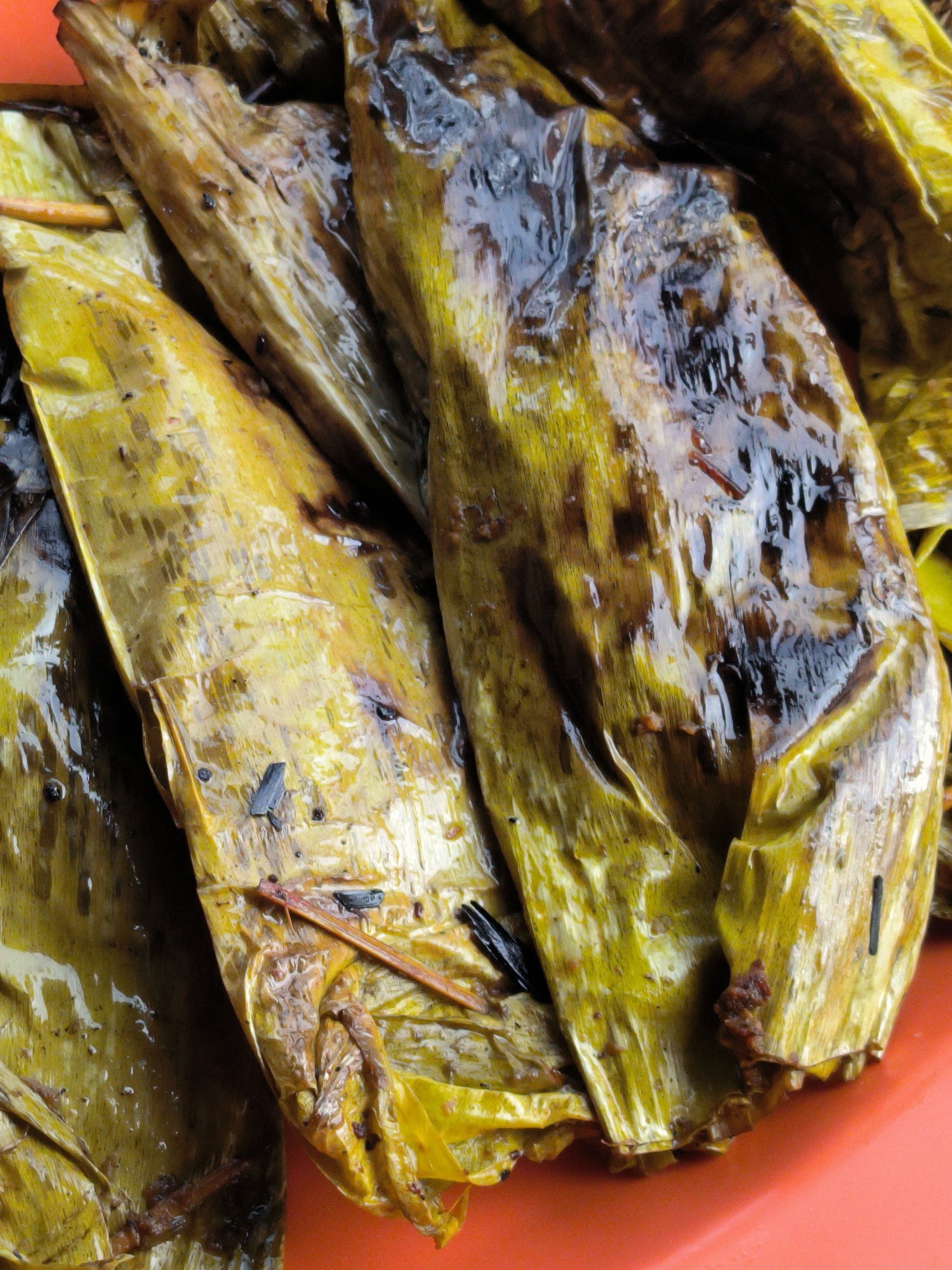 The image depicts a close-up shot of several parcels of cooked food wrapped in banana leaves. The leaves appear charred in some areas, suggesting they have been grilled or cooked over an open flame. The surface of the leaves is somewhat shiny and greasy. A small wooden skewer is visible across one of the parcels. The food rests on a reddish-orange surface. It is possible that this is the street food sold at a market in Lhokseumawe, Indonesia, but that is not readily apparent.