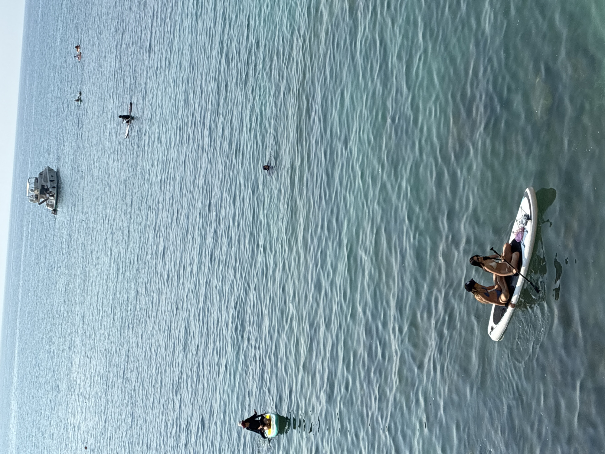 A wide shot captures a clear, calm sea with a visible horizon under a bright sky. In the foreground, two women are paddleboarding on a single board. They are both wearing bikinis, one with a black baseball cap and the other with sunglasses. A paddle lies across the board between them. To the left and further out in the water, another individual on a paddleboard is visible, wearing dark clothing and a hat. Further in the distance, a large white motor yacht is present, along with a few other smaller vessels and individuals scattered across the water. The sea floor is visible in some areas of the shallower water. The scene is suggestive of leisure activities on the water, possibly near the coast of Alanya, Turkey, given the presence of a motor yacht often seen in tourist areas.