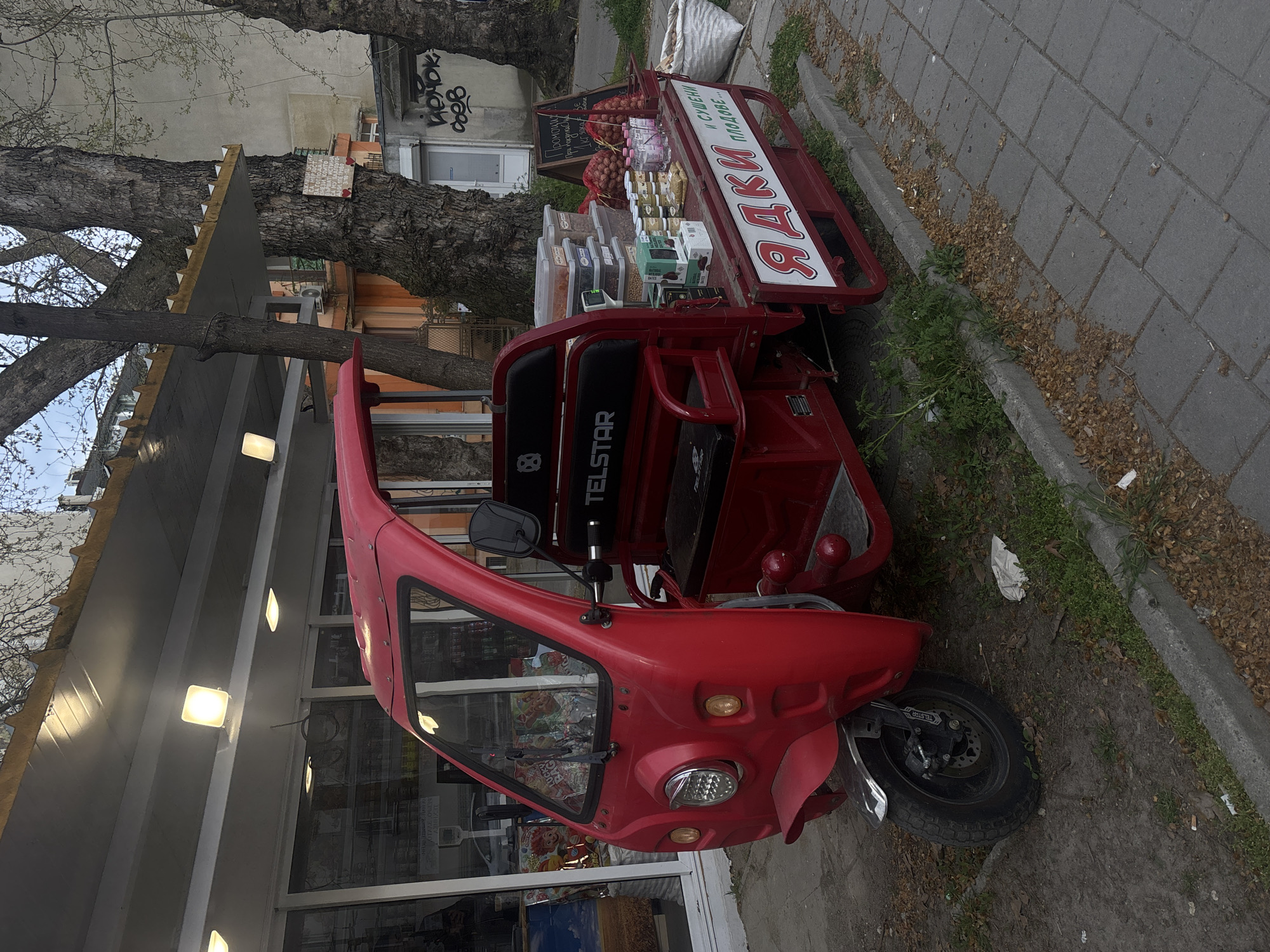 A red three-wheeled electric vehicle, resembling a modified auto-rickshaw or trike, is parked on a grey tiled sidewalk, functioning as a mobile vendor stall in an urban setting, likely in Varna, Bulgaria. The vehicle has an enclosed driver's cabin at the front, featuring "TELSTAR" branding on the seat back, and a an open cargo area at the rear displaying goods for sale.
The stall is laden with various products: clear plastic containers hold nuts, seeds, and dried fruits, alongside bags of produce, possibly onions. Smaller jars and packaged items, including "NATURAL DATES," are neatly arranged on shelves. A prominent white sign on the rear of the vehicle, against a red background, reads "ЯДКИ И СУШЕНИ ПЛОДОВЕ..." (Nuts and Dried Fruits...). A smaller blackboard sign advertises "ДОМАШНИ БЪЛГАРСКИ ПЛОДОВЕ" (Homemade Bulgarian Fruits) with handwritten prices.
The vehicle is situated next to large, mature trees with mostly bare branches, indicating late autumn, winter, or early spring. Behind the trees, a multi-story building with windows is visible, featuring an awning from which several square-shaped lights are illuminated. The sky appears overcast, contributing to a soft, diffused lighting. Patches of grass and scattered dry leaves or debris are present along the curb and on the sidewalk. A white sack rests on the ground near the vehicle's rear. Graffiti, possibly "AODK," is visible on a distant wall. No people are present, suggesting the stall is currently unattended or not actively operating.