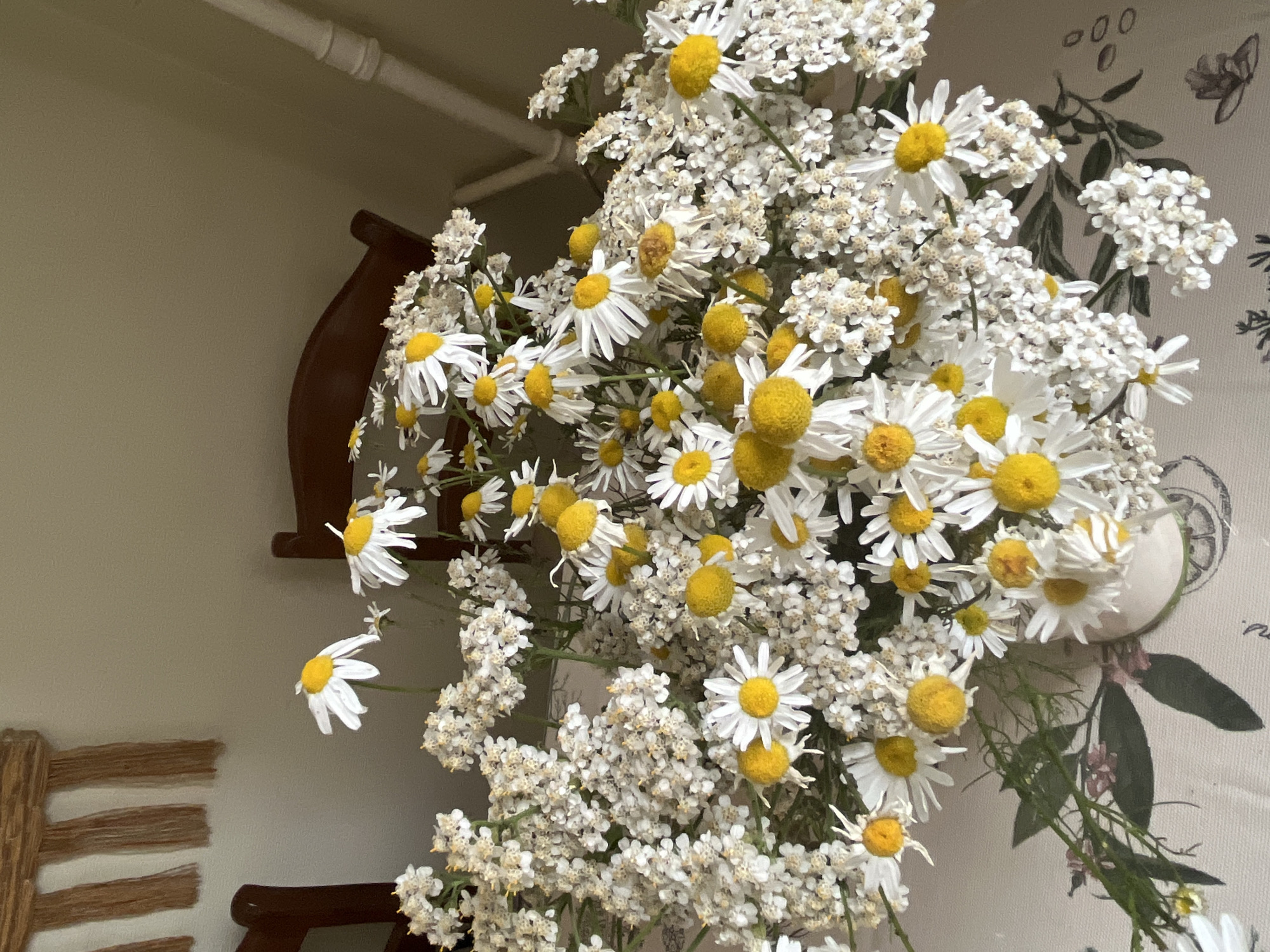 A bouquet of daisies and Queen Anne's lace is arranged in a pale pink ceramic vase on a table covered with a beige tablecloth. The tablecloth has a faint floral pattern. Two dark wooden chairs are visible behind the bouquet. In the background, a wall with a textured tapestry hangs on the left, and a white pipe runs vertically on the right. The lighting suggests an indoor setting, possibly a room in Ivanteyevka, Russia, given the context. There are no people or animals present.