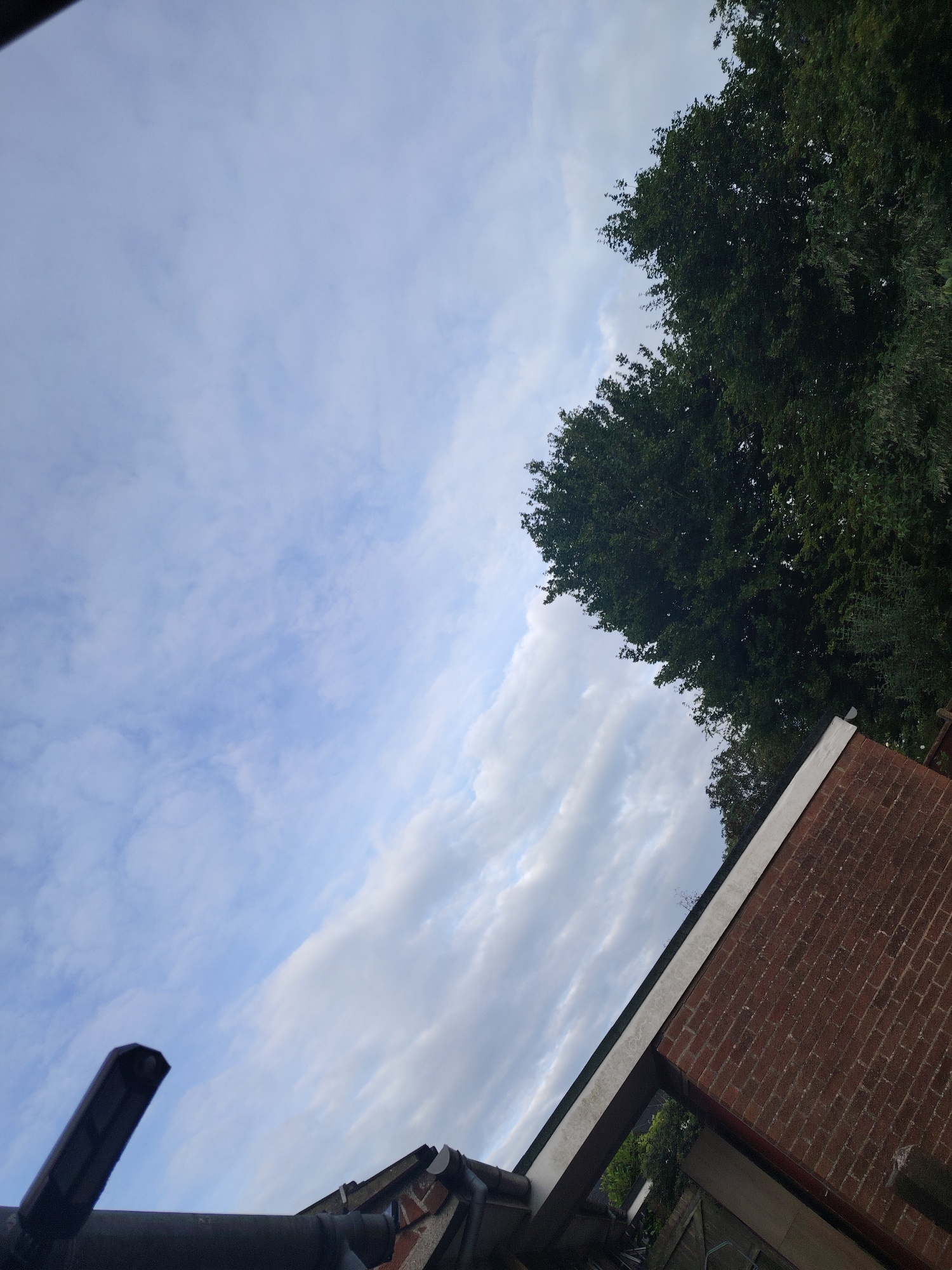 This upward-angled photograph captures an outdoor scene, likely in a residential area of Huntingdonshire, United Kingdom, focusing on the sky, trees, and parts of nearby structures. The upper left and central portions of the image are dominated by a light blue sky with varying formations of white and light grey clouds, suggesting a partly cloudy day. The clouds range from wispy, high-altitude types to more diffuse, lower-lying patches.
On the right side, a dense canopy of dark green deciduous trees extends from the top to the middle, indicating lush foliage. Below these trees and occupying the bottom right quarter of the frame is the top section of a building, characterized by a red-brown brick wall with visible mortar lines. A light-colored (possibly white or grey) coping or trim runs along the top edge of this brick wall.
In the bottom left corner, parts of a dark grey gutter system are visible, suggesting a roofline just out of frame. Extending into the sky from the lower-left is a dark, elongated object, appearing to be a solar-powered light or security camera, mounted near the gutter. The lighting is soft and even, without harsh shadows, implying a day with overcast conditions or perhaps early morning/late afternoon. No people or discernible activities are present, and there is no visible text.