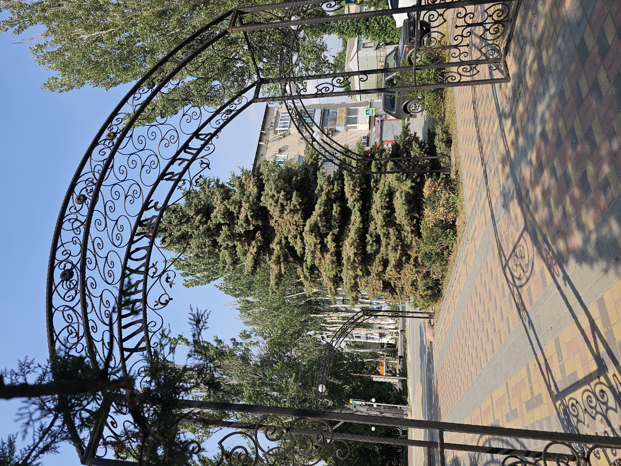 The image shows a decorative metal archway in an outdoor setting. The archway is ornate, featuring scrolled metalwork and possibly some lettering. Through the archway, a paved walkway with colorful interlocking bricks is visible, leading towards buildings in the background. A line of trees, including coniferous and deciduous varieties, flanks the walkway. A street with parked cars and a pedestrian crossing sign is also present. The sky is clear and blue, indicating a sunny day. The lighting suggests it is daytime, likely late morning or early afternoon, casting distinct shadows from the archway onto the pavement. No people are visible in the image. The scene appears to be a public space, possibly an entrance to a park, promenade, or residential area in Skadovsk, Ukraine. Some text is visible on a sign in the background, but it is too blurry to be deciphered.