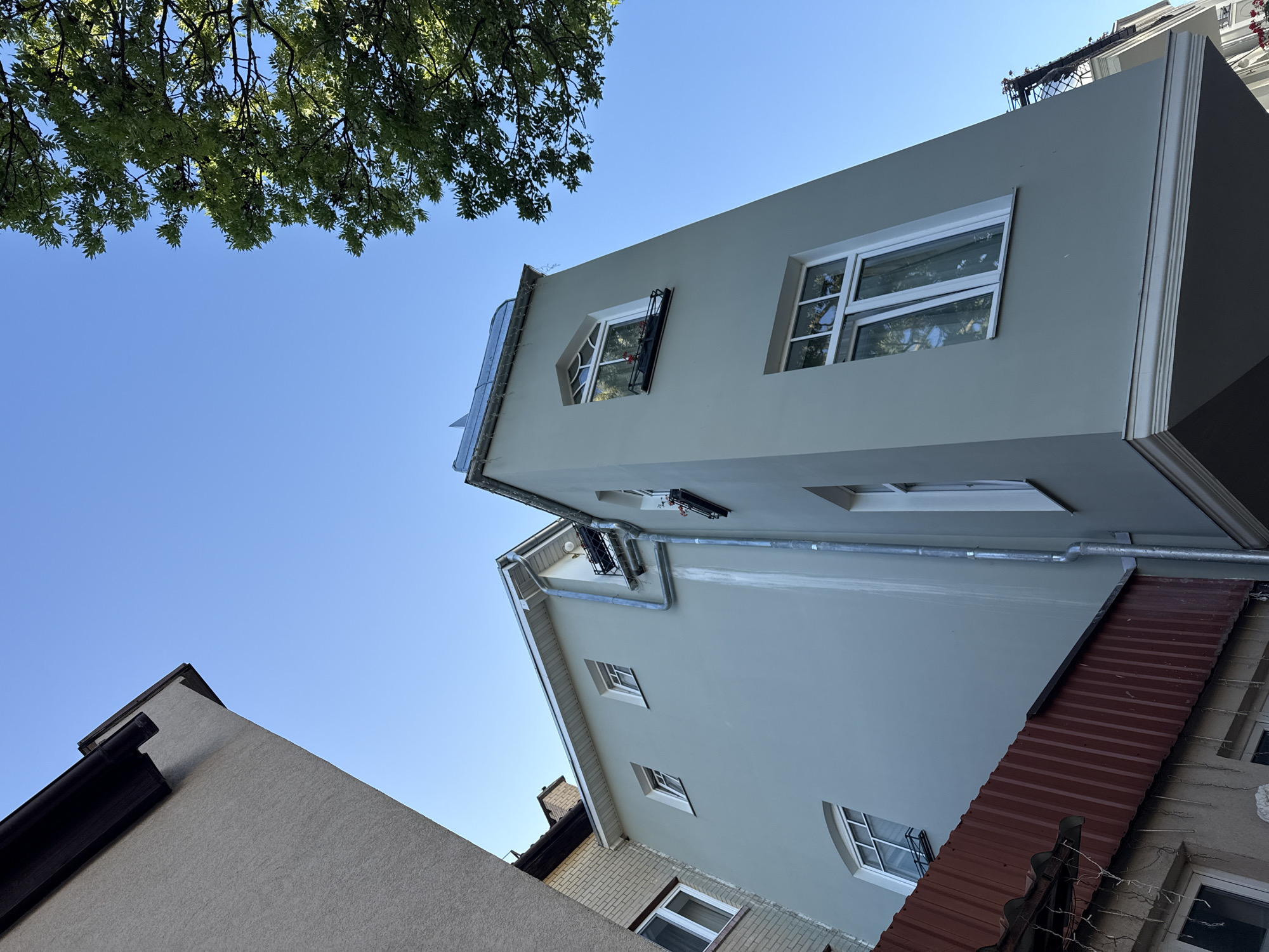 This is a low-angle, outdoor, daytime photograph taken in Zelenogradsk, Russia. The scene focuses on the upper portions of multiple buildings against a clear blue sky. On the left, the textured facade of a beige building is visible, with a dark gutter system running along its edge. Adjacent to this, a lighter-colored brick building with white-framed windows is partially seen. The central and right portions of the image are dominated by a light green building with a distinctive triangular-shaped upper section. This building features several white-framed windows, some with decorative window boxes containing red flowers. A metal downspout runs vertically along the green building's facade. To the right of the green building, a portion of a wrought-iron balcony with greenery is visible against the sky. The upper right corner of the image is partially obscured by the lush green foliage of a tree.