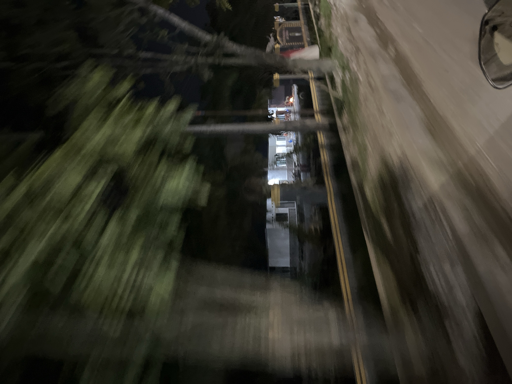 This is a motion-blurred photograph taken at night, likely from a moving vehicle, in Bundar, Indonesia. The scene depicts a roadside with some buildings and vegetation visible.
In the foreground, blurred green foliage suggests trees or bushes lining the side of the road. A darker, out-of-focus area to the left may also be part of the vegetation or surrounding darkness. The road itself is a prominent feature, with two yellow lines indicating a lane divider, partially obscured by motion blur.
Further into the scene, several buildings are visible. One appears to be a multi-story structure with illuminated windows, suggesting interior lighting. Another building to the right is a lighter color, possibly concrete. The blur indicates that these structures are also in motion relative to the camera.
There are hints of activity. In one building, there are lights and what might be figures moving inside or near it. The overall impression is of a suburban or semi-rural area at night, with some businesses or residences. The time of day is clearly night due to the darkness and artificial lighting. The weather is not explicitly indicated, but the lighting conditions suggest it is not raining heavily. The motion blur contributes to a sense of speed and transience, making it difficult to discern specific details about the people or any exact objects beyond their general shapes and colors. No text is discernible in the image.