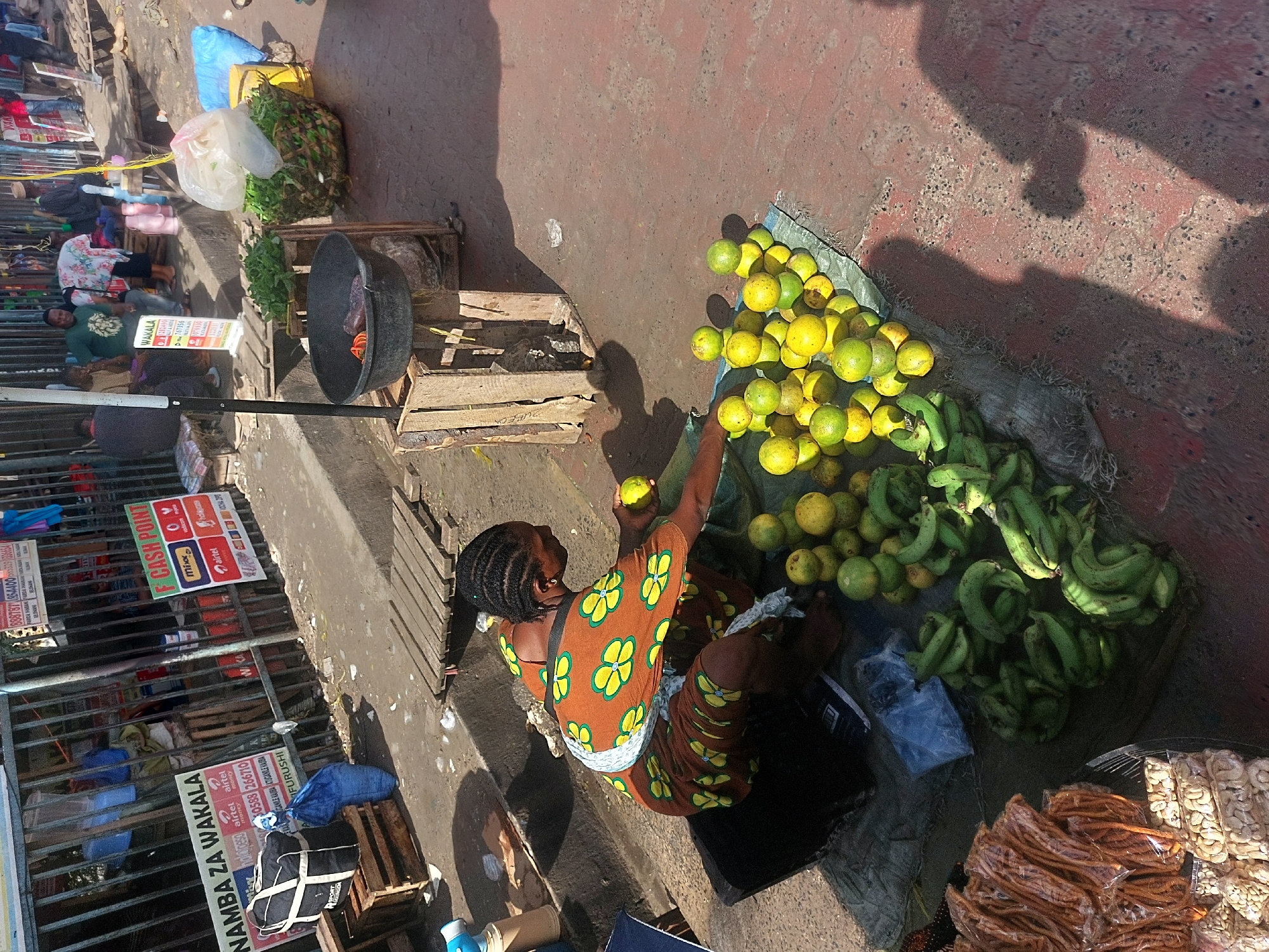 The image depicts a street vendor in Dar es-Salaam, Tanzania. The vendor, a woman with braided hair wearing a patterned brown and orange dress, is seated on the ground surrounded by her wares: piles of yellow-green citrus fruits (likely oranges or lemons), green bananas, and stacks of what appear to be packaged fried snacks. Next to the vendor, there is a black pot and wooden crates. Behind the vendor, there is a metal fence with various advertisements and business signs. Other people are visible on the left side of the image, seemingly customers or passersby. The ground is a reddish concrete surface with shadows cast across it.