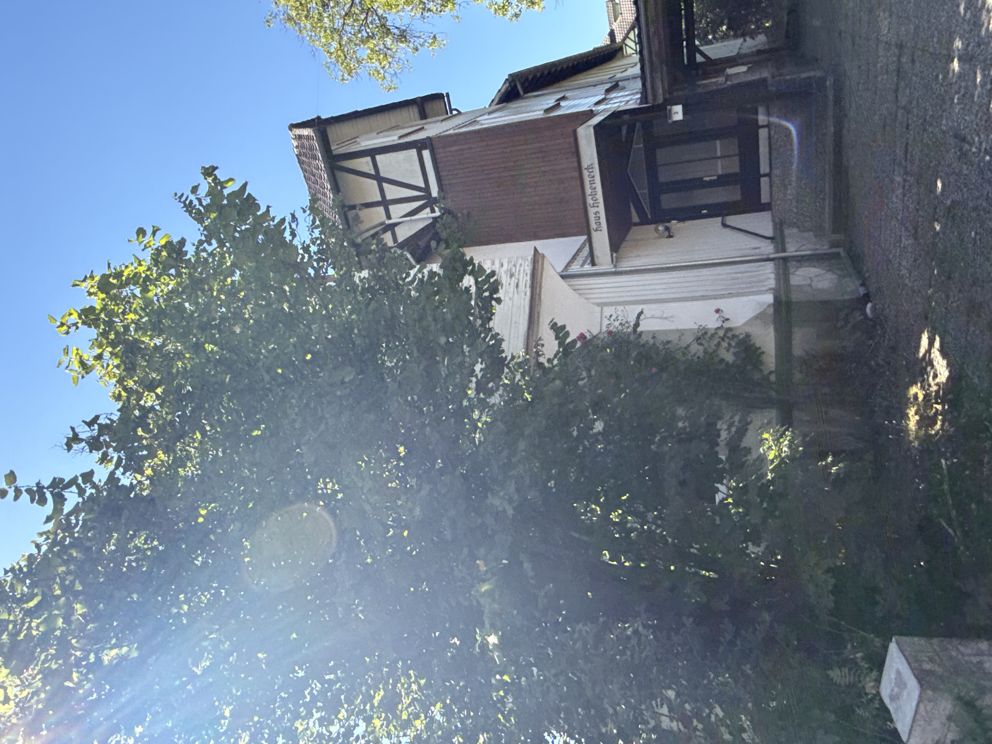 The image shows a building with a sign that reads "Haus Hohenneck". The building appears to be a multi-story structure with a distinctive half-timbered facade on the upper section. There is a prominent tree in the foreground, casting shadows and obscuring part of the building. The sky is clear and blue. The building is situated on a gravel path, and there are steps leading up to the entrance. The overall impression is that of a private residence or a guesthouse. Based on the sign, the location is likely Bad Sachsa, Germany.