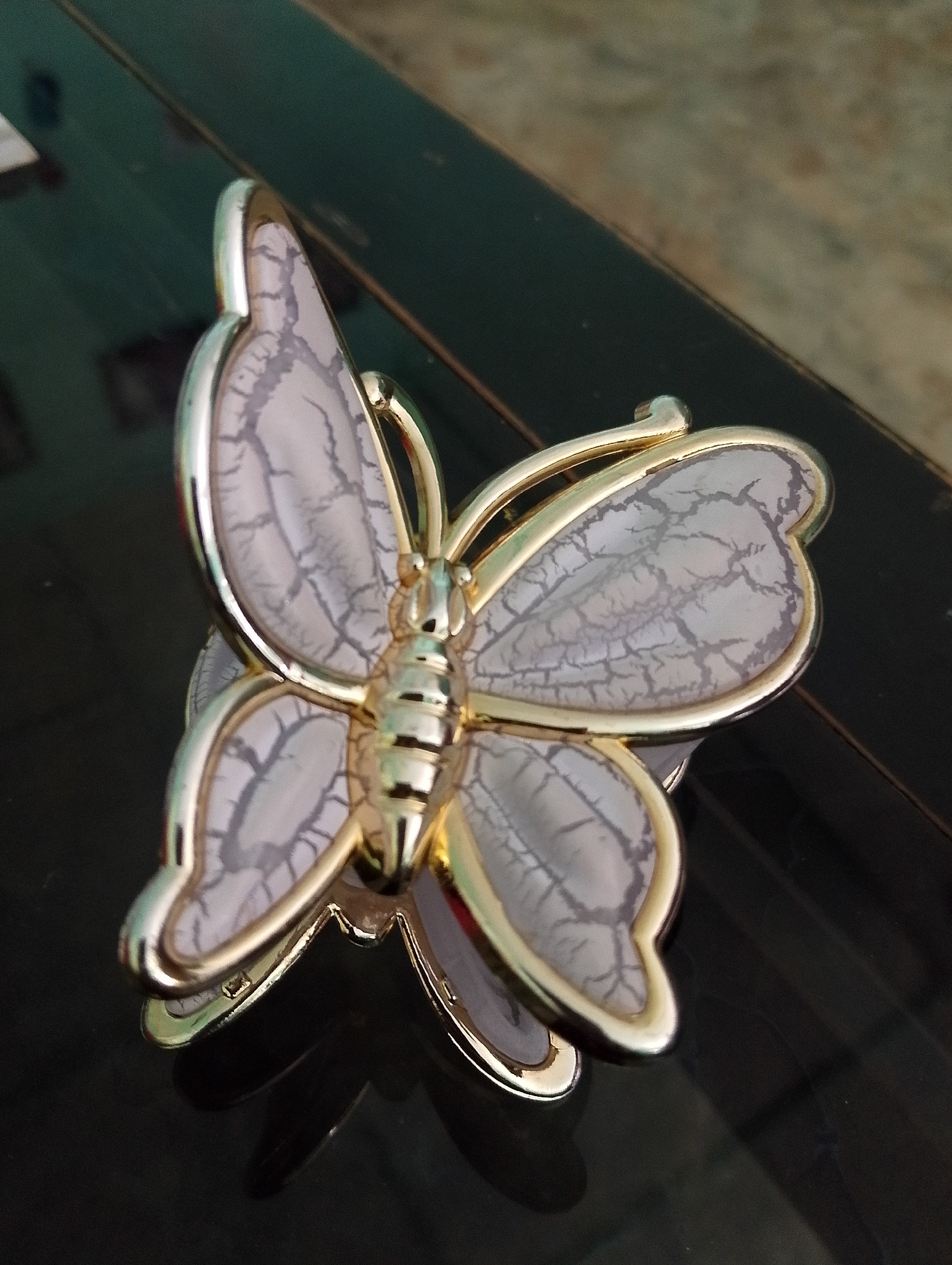 A close-up, slightly angled shot captures a decorative gold-colored butterfly brooch with opalescent white wings, each patterned with a delicate grey, crackled design. The brooch is positioned on a dark, reflective surface, possibly a tabletop, with a blurred background that suggests an indoor environment. No people are visible. The scene is static and does not depict any action or interaction. The location is not discernible from the image.
