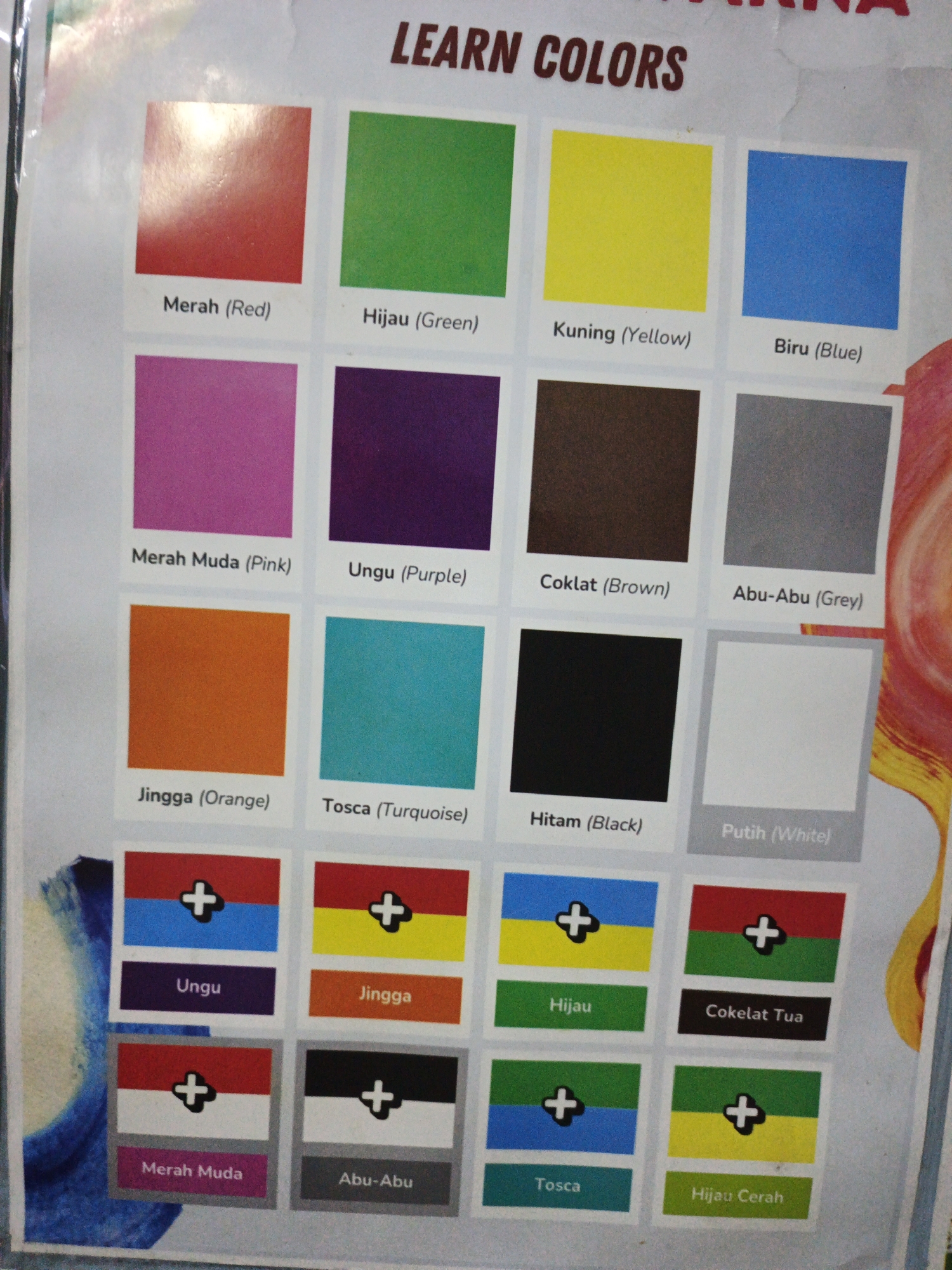 This is a close-up, eye-level, indoor shot of a colorful poster titled "LEARN COLORS". The poster is divided into a grid of squares, each displaying a different color swatch with its name in Indonesian and English below. The colors shown are red, green, yellow, blue, pink, purple, brown, grey, orange, turquoise, black, and white. Below this main grid, there are smaller grids with combinations of colors and symbols, also labeled in Indonesian. The poster is placed on a flat surface, possibly a table or wall, and the lighting appears to be artificial. The overall impression is that of an educational material for children. No specific details about the city of South Jakarta, Indonesia, are visible in the image.