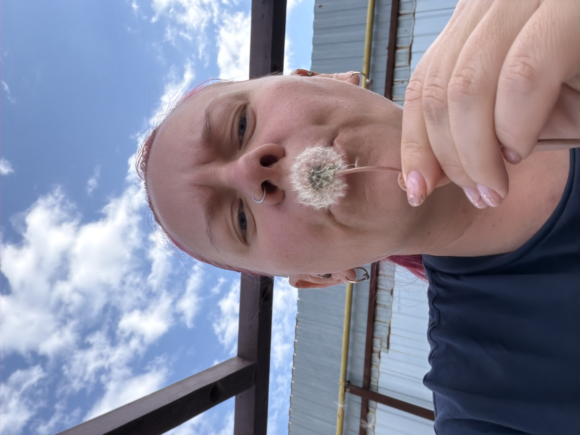 A close-up, waist-up, outdoor portrait shows a woman with pink-dyed hair and a nose ring. She is holding a dandelion puffball near her mouth, as if about to blow it. Her eyes are looking directly at the camera. The background consists of a cloudy blue sky and a partially visible metal structure. The scene is likely located in Chaikovsky, Russia, given the context of previous image descriptions. The woman is wearing a dark blue shirt.
