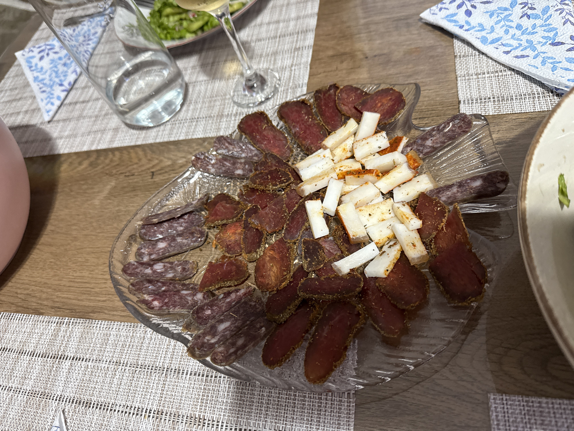 The image depicts a tabletop arrangement of food and drink, suggesting a meal setting. At the center is a clear glass platter arranged with sliced cured meats, including salami and a darker, spiced variety, along with a pile of cubed white cheese or fat. To the upper left, there is a glass of water, a wine glass containing white wine, and a plate of green salad. The tabletop is covered with a neutral-toned woven placemat and what appears to be a wooden surface beneath. A napkin with a blue floral pattern is also present. Based solely on the imagery, it is impossible to determine the city of Sofia, Bulgaria as the location. The scene presents a dining setup, focusing on the appetizer or charcuterie platter.