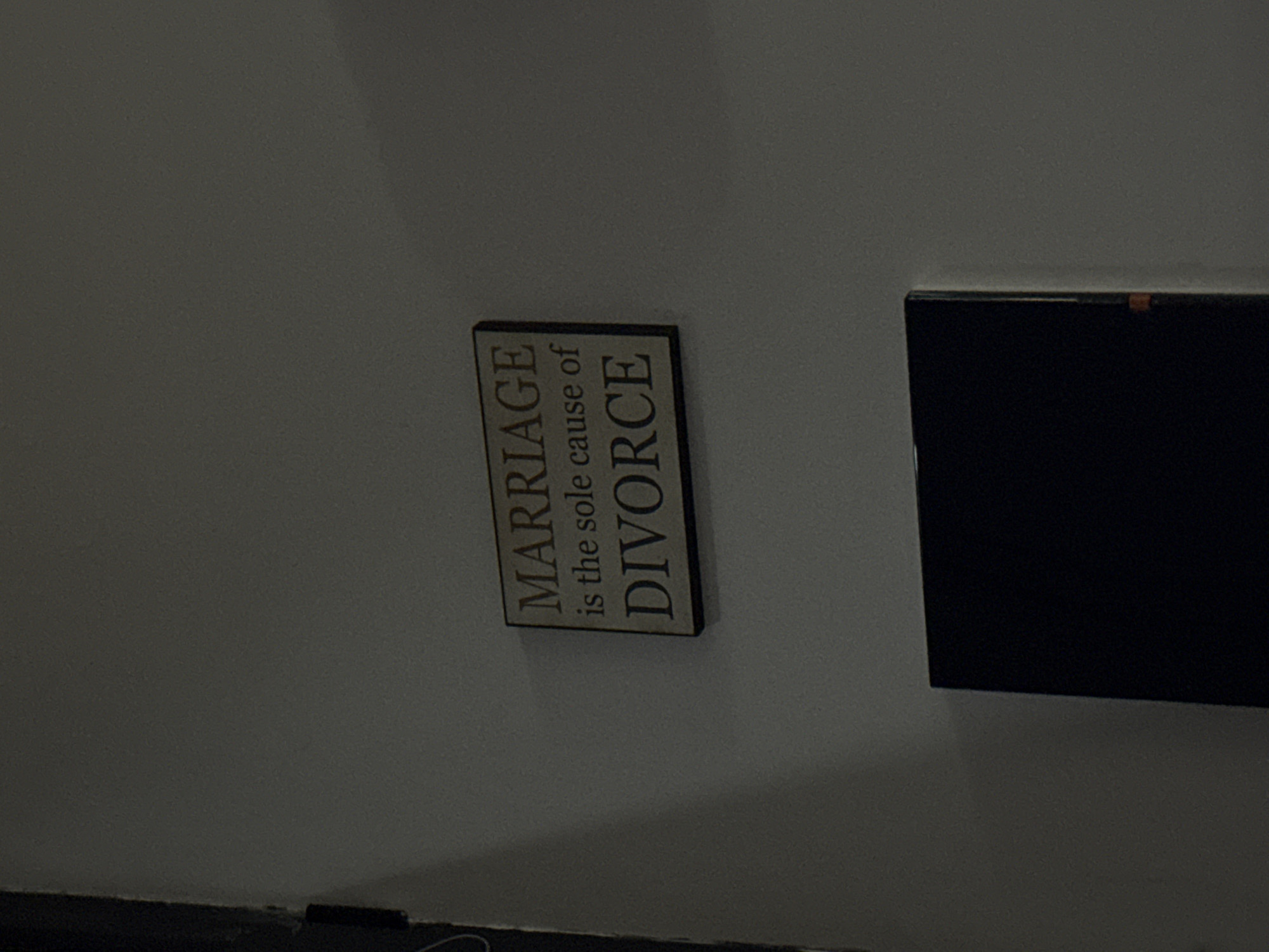 A wooden plaque with text is mounted on a wall. The text on the plaque reads: "MARRIAGE is the sole cause of DIVORCE". The plaque is framed with a dark border. Below the plaque, a dark rectangular object, possibly a television or a cabinet, is visible. The lighting in the room is dim, casting shadows on the wall. The overall setting appears to be an indoor environment.