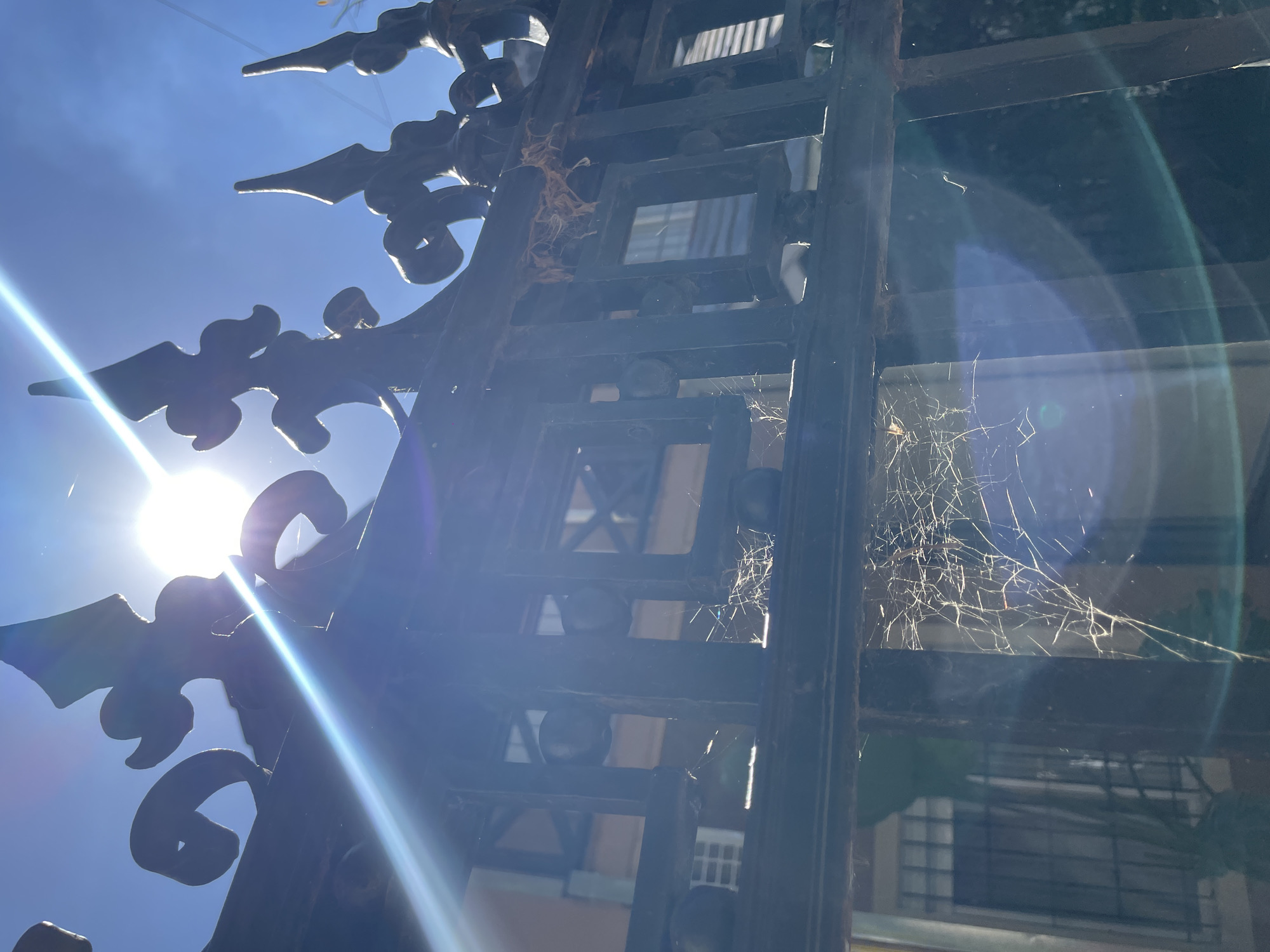 The image is a low-angle shot of an ornate, black wrought-iron gate in Vicente López, Argentina. The gate is partly silhouetted against a bright, clear blue sky and the sun, which causes a strong lens flare. The gate's design features decorative, scroll-like flourishes along the top. Cobwebs are visible within the gate's structure. Behind the gate, out of focus, are building windows and a glimpse of greenery.