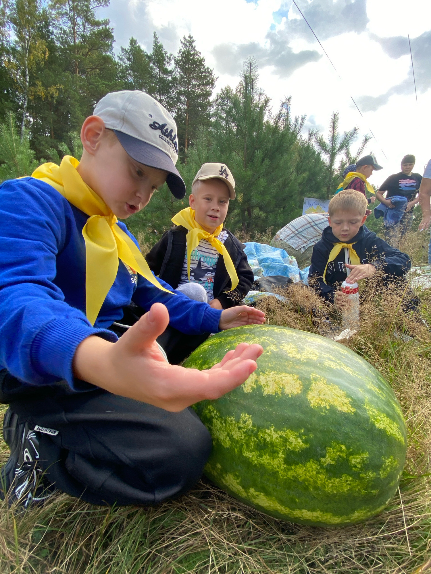 A group of young boys are gathered in an outdoor, grassy area, possibly a park or forest, in Noviy, Russia. In the foreground, a boy wearing a blue sweatshirt and a yellow scarf kneels beside a large watermelon. His left hand is extended towards the fruit. Behind him, two other boys, also wearing yellow scarves, are visible. One is looking towards the watermelon, and the other is holding a bottle of water. In the background, other people and trees can be seen, along with a cloudy sky. The overall atmosphere appears to be casual and perhaps part of an outdoor activity or gathering.