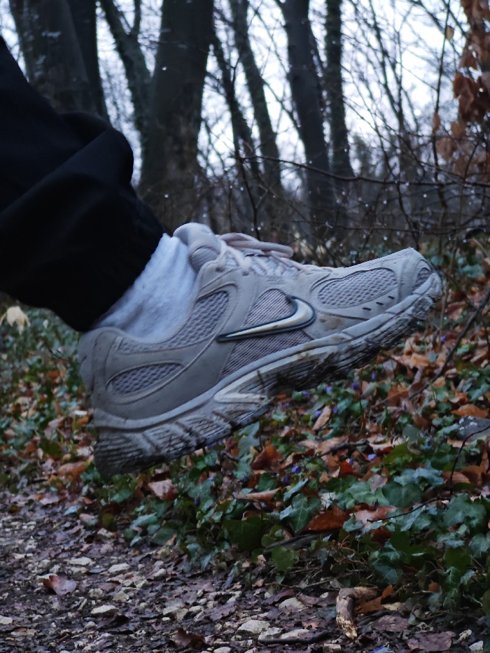 A lower left leg, clad in black pants and a light grey sock, is depicted with a light-colored, soiled Nike athletic shoe suspended mid-air in the foreground. The shoe features a grey mesh upper with a dark grey "swoosh" logo on its lateral side; its sole and lower edges exhibit traces of mud and dirt. The immediate ground beneath the shoe consists of damp soil, scattered light-colored pebbles, and brown deciduous leaves. Patches of dark green ivy-like ground cover are visible, interspersed with small purple flowers. The background features a dense arrangement of bare tree trunks and branches, primarily devoid of foliage, suggesting a late autumn, winter, or early spring setting. Numerous small water droplets cling to the bare branches, indicating recent precipitation. The sky above is overcast, providing diffuse lighting. While the image shows a natural, forested or park-like environment consistent with areas in and around Shumen, Bulgaria, no specific landmarks or features within the city of Shumen are identifiable to pinpoint a precise location.