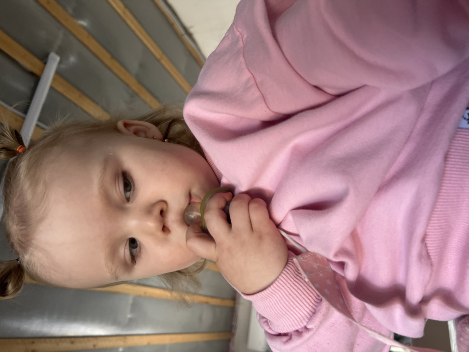 A young child with blonde hair styled in pigtails, wearing a pink sweatshirt, is holding a pacifier in their mouth. The child has fair skin and appears to be lying in a crib. The crib slats are visible in the background, along with what seems to be the crib's side rail. The child is looking directly at the camera with a slight gaze. The background is blurry, bringing the focus on the child.