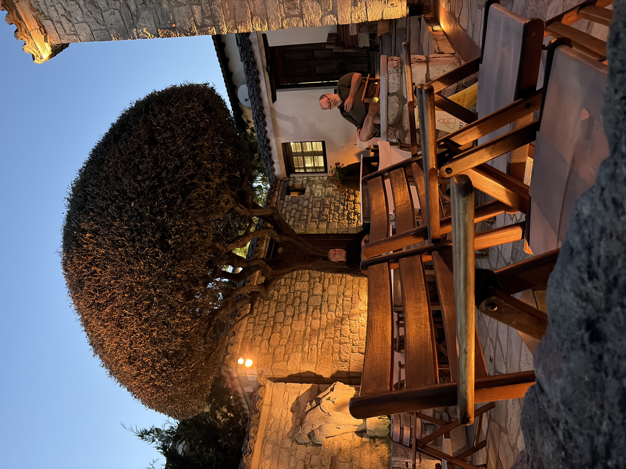 In the city of Kassandra Municipal Unit, Greece, at dusk, an outdoor seating area is depicted. Two men are visible, seated on chairs. One man, wearing a dark shirt, is seated on a bench in front of a stone wall. The other man, wearing a green shirt and glasses, is seated in a wooden chair on a raised stone platform, holding a mobile phone. In the foreground, empty wooden chairs are arranged. A large, rounded tree with dark foliage is centrally positioned. The surrounding architecture features stone walls and tiled roofs, illuminated by warm artificial lighting. The scene suggests a relaxed evening ambiance.