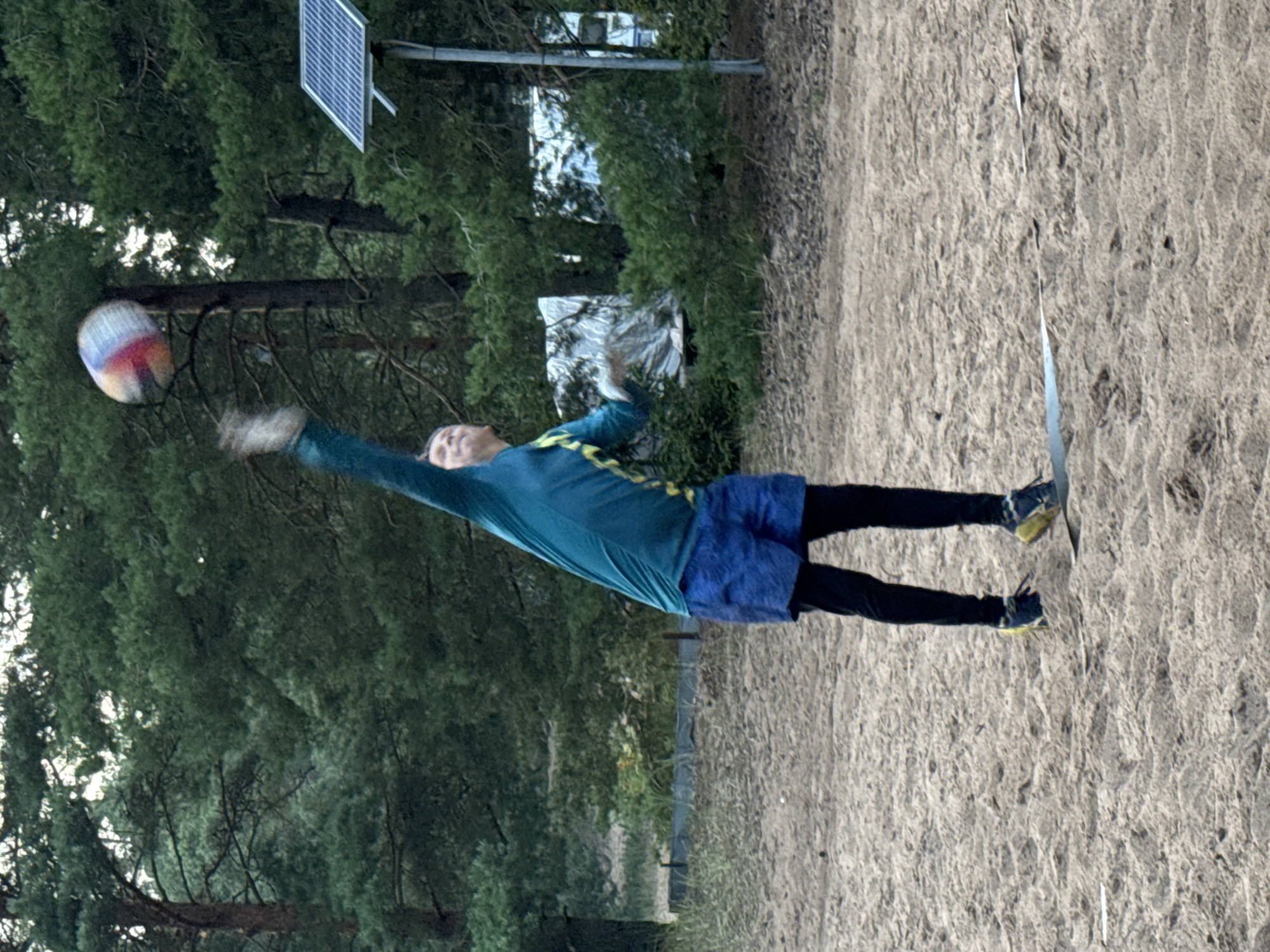 A person is playing volleyball on a sandy court with trees in the background. The person is wearing a teal long-sleeved shirt, blue shorts, and black leggings. They are in mid-air, reaching up to hit a volleyball, which is colored with red, blue, and white stripes. A solar panel is visible on a pole to the right of the person. The environment appears to be a natural setting with dense pine trees.