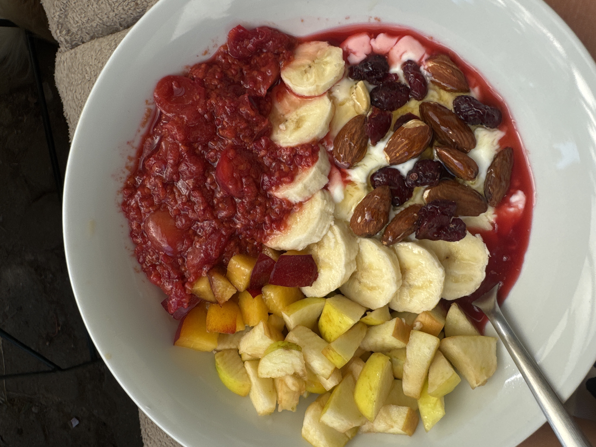 A close-up, overhead shot shows a white bowl filled with a colorful fruit and nut medley. The bowl is divided into sections, with chopped apples and peaches on the left. Sliced bananas and a dollop of yogurt sit in the center, topped with almonds and dried cranberries. A vibrant red berry compote fills the top portion of the bowl. A silver fork is partially visible on the left side, resting on the rim of the bowl and dipping into the yogurt. The background is blurred, with hints of dark earth and a light-colored fabric. The scene appears to be set outdoors, possibly in a garden or patio area.