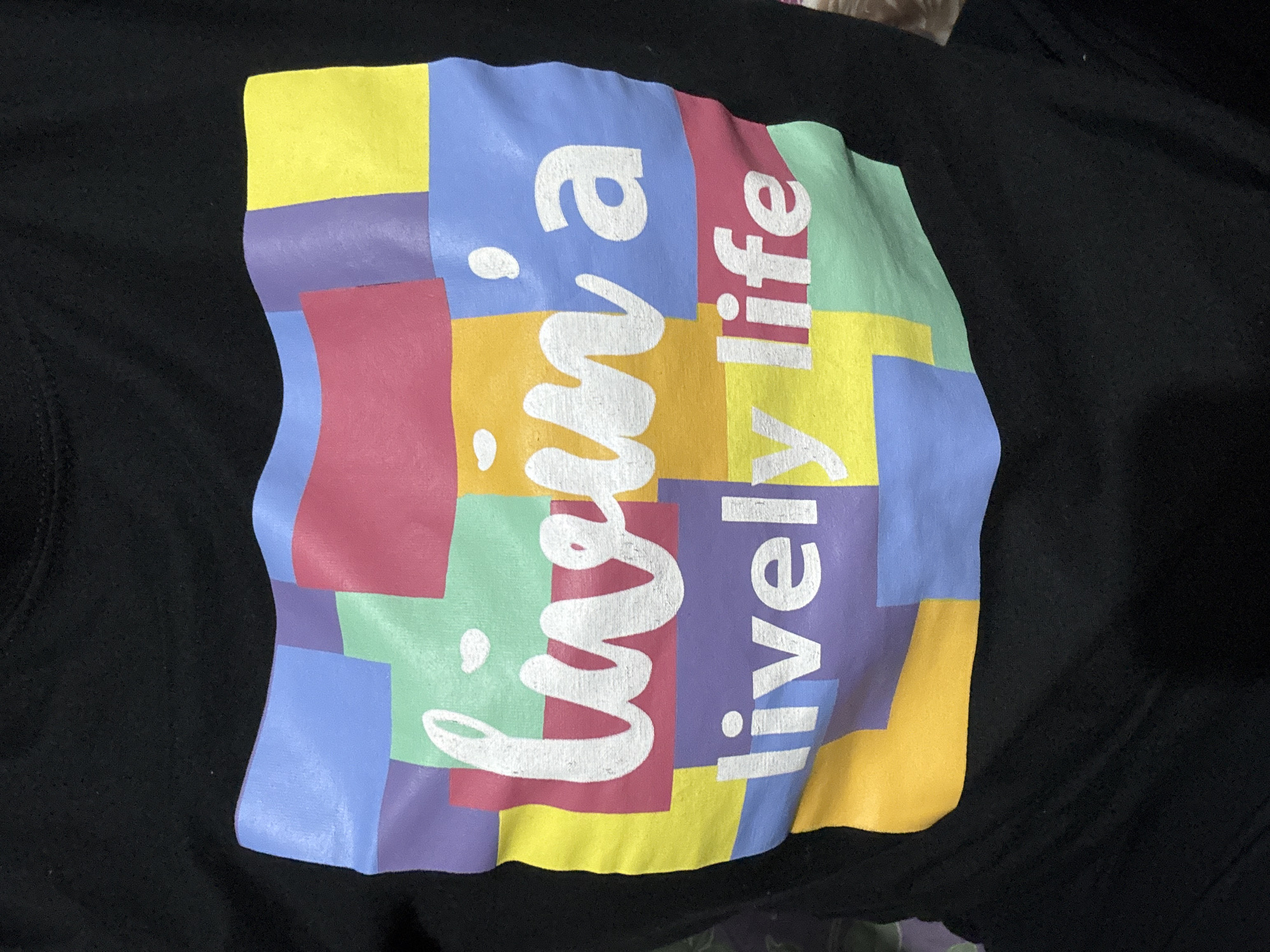 A close-up shot of a black fabric, likely a shirt or sweatshirt, is dominated by a colorful, rectangular design at its center. The design consists of a patchwork of rectangular blocks in various colors including yellow, pink, blue, green, and purple. Overlaid on this patchwork pattern is a white text graphic that reads "Livin' a lively life". The fabric is slightly wrinkled, indicating its texture and adding depth to the image. The background is intentionally blurred, focusing attention on the design and the texture of the fabric. There is no indication of location, including Tangerang, Indonesia, from the image.