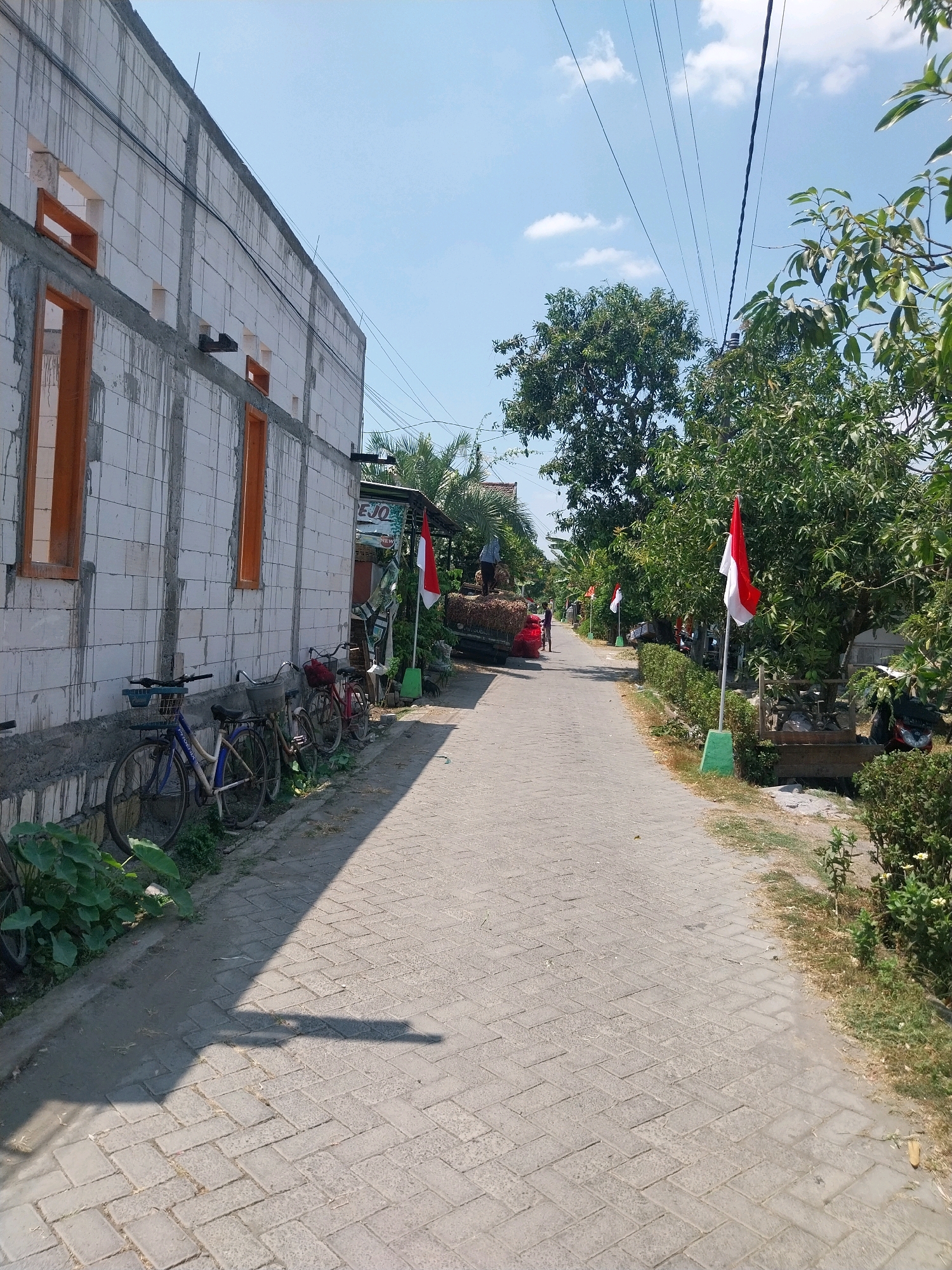 This is a medium shot, eye-level, outdoor, vertical photograph of a paved road in the city of Campur, Indonesia. The road is paved with interlocking bricks and stretches into the distance. On the left side of the road, a light-colored brick building with unfinished cement accents and orange window frames is visible. Several bicycles are parked along the wall of the building. A red and white Indonesian flag flies from a pole in front of the building, indicating a possible celebration or event. The right side of the road is lined with trees and vegetation, with more Indonesian flags visible further down the street. The sky is blue with scattered white clouds, and the sun is casting shadows on the road, suggesting it is daytime. There are no people clearly visible in the foreground, but a few figures can be seen in the distance. The overall impression is of a quiet residential street in a tropical environment, possibly decorated for a national holiday.
