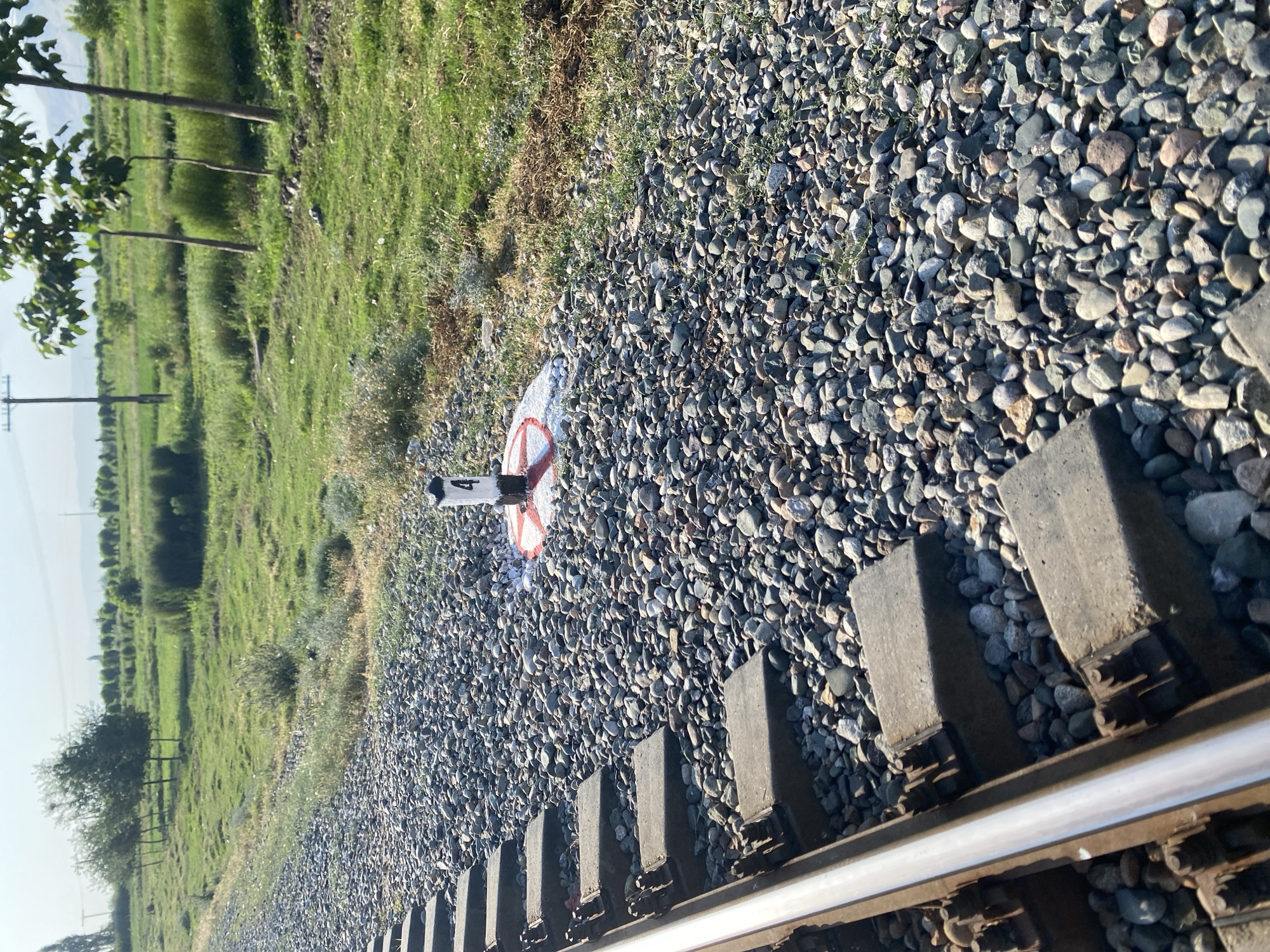 The image shows a section of railway tracks in a rural area near Боғистон, Tajikistan. The tracks are laid on a bed of gravel and are bordered by a grassy field with scattered trees. A white marker post with a red and white circular marking and the number "4" is visible beside the tracks. The sky is clear and blue, and the sun appears to be shining. The overall impression is one of a quiet, undeveloped landscape.
