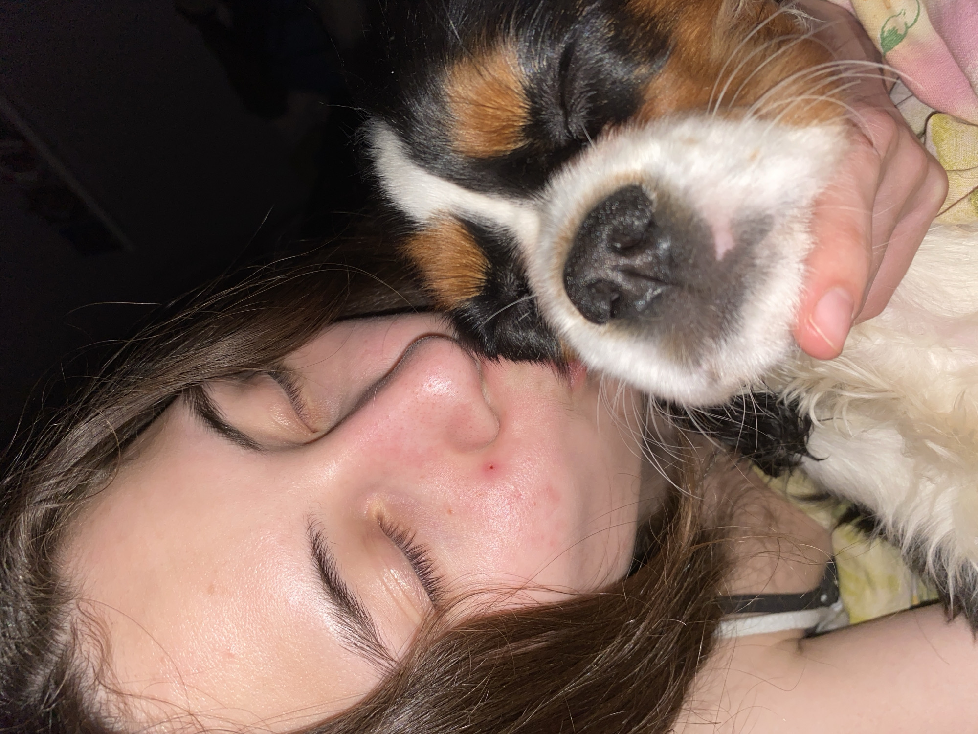 A close-up indoor shot features a woman lying down with her eyes closed, her face angled towards the camera. Her brown hair is visible, and her skin appears to have some mild redness. A tri-color Cavalier King Charles Spaniel dog is resting its head against her face, its nose touching her cheek. The dog is held by a hand, presumably belonging to the woman. The background is mostly dark, with some hints of patterned fabric visible. The photograph does not appear to be taken in Votkinsk, Russia, or any other particular location, as there are no visual cues to indicate geographical context.