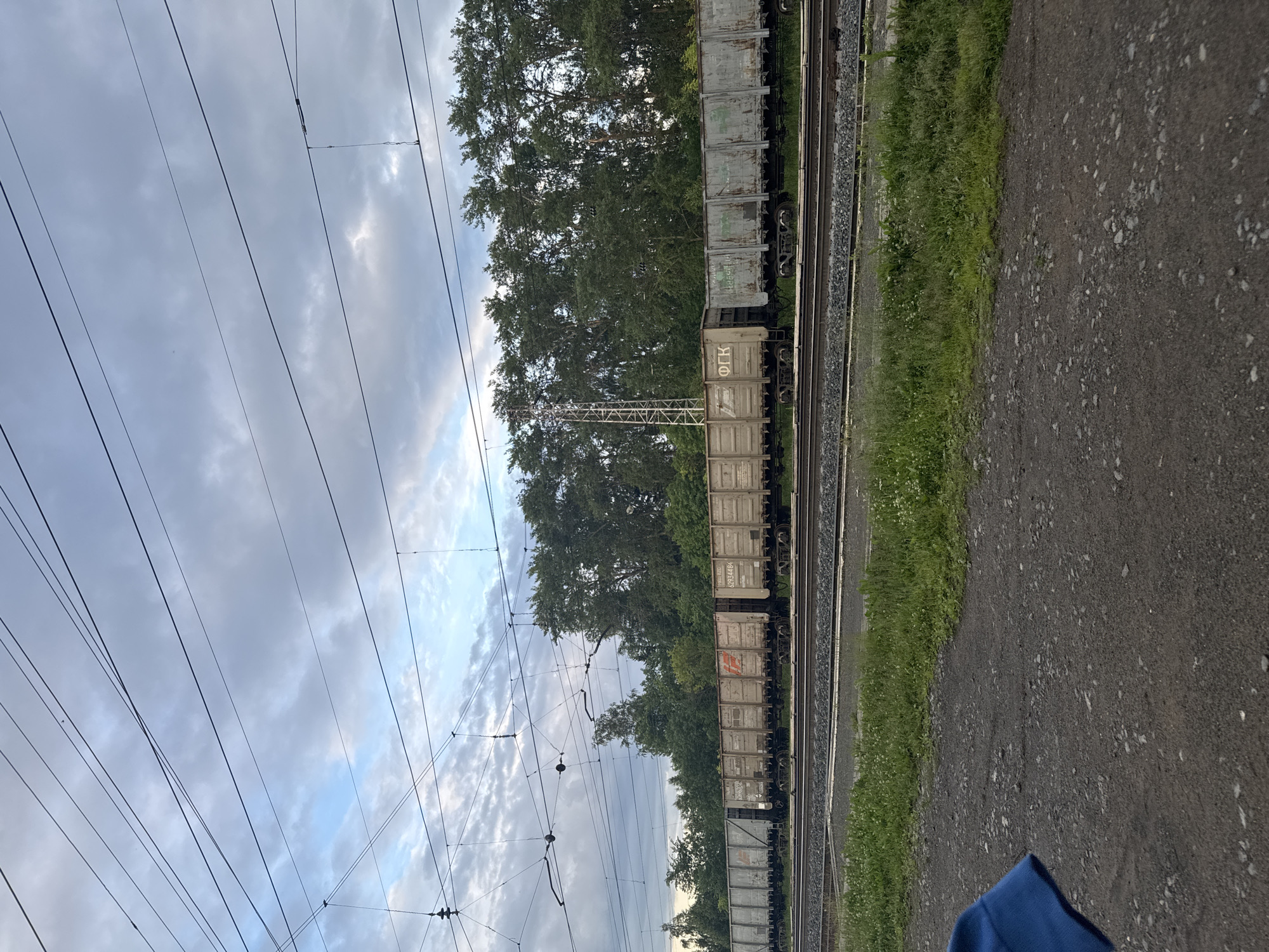 A train of freight cars is visible on a track, positioned behind a line of trees. The sky above is cloudy. In the foreground, there is a path made of gravel and dirt, with green grass on the left side. A small portion of a blue object, possibly clothing, is visible in the bottom left corner. The train cars are weathered and appear to be made of metal. Some of the cars have markings or text on them. The overall scene suggests a view of a railway infrastructure in an outdoor, possibly rural or suburban, setting within the town of Borodulino, Russia.