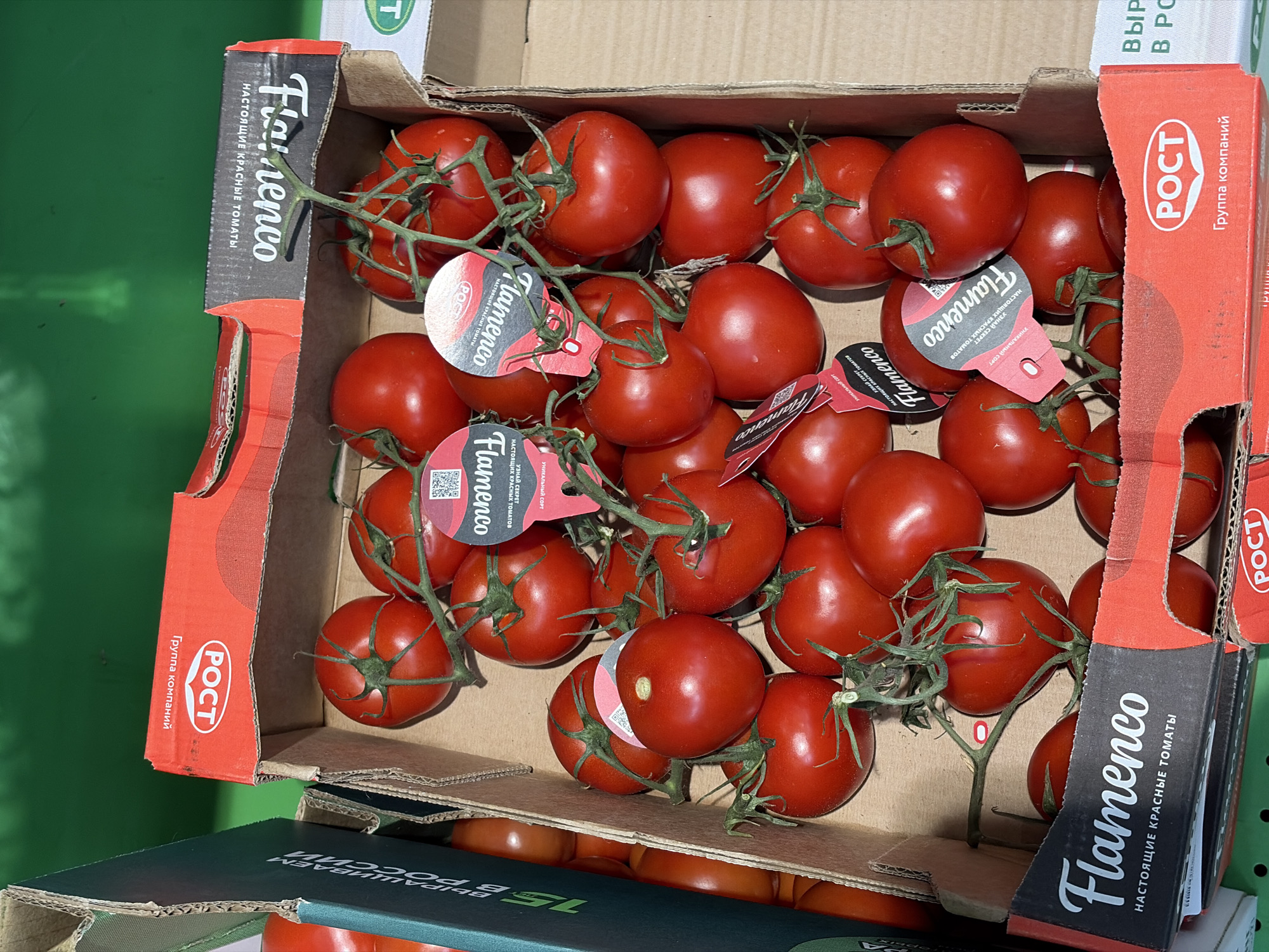 The image displays a close-up, elevated view of a cardboard box filled with numerous bright red tomatoes, many still attached to green vines. The brown corrugated cardboard box features red and black branding elements. A prominent red and black band across the front of the box displays "Flamenco" in white script and "НАСТОЯЩИЕ КРАСНЫЕ ТОМАТЫ" (TRUE RED TOMATOES) in white capital letters. A red section of the box on the top right shows a white "РОСТ" (ROST) logo within an oval and "Группа компаний" (Group of companies) below it. Several clusters of tomatoes have smaller red and black oval labels attached, also bearing the "Flamenco" name, a "РОСТ" logo, a QR code, and the text "Уникальный сорт" (Unique variety). To the left of the main box, a portion of a dark green display unit or box is visible, featuring white Russian text, including "ВЫРАЩИВАЕМ В РОССИИ" (GROWN IN RUSSIA). A white and green sign with partial Russian text is visible on the far right. The tomatoes appear ripe and fresh. The immediate background is a solid green surface, likely a retail shelf. No individuals are present in the scene. The setting is an unidentified retail location, consistent with a supermarket produce section, in Chaikovsky, Russia, based on the Russian language branding and text. The specific address or store name within Chaikovsky cannot be determined from the visual information.