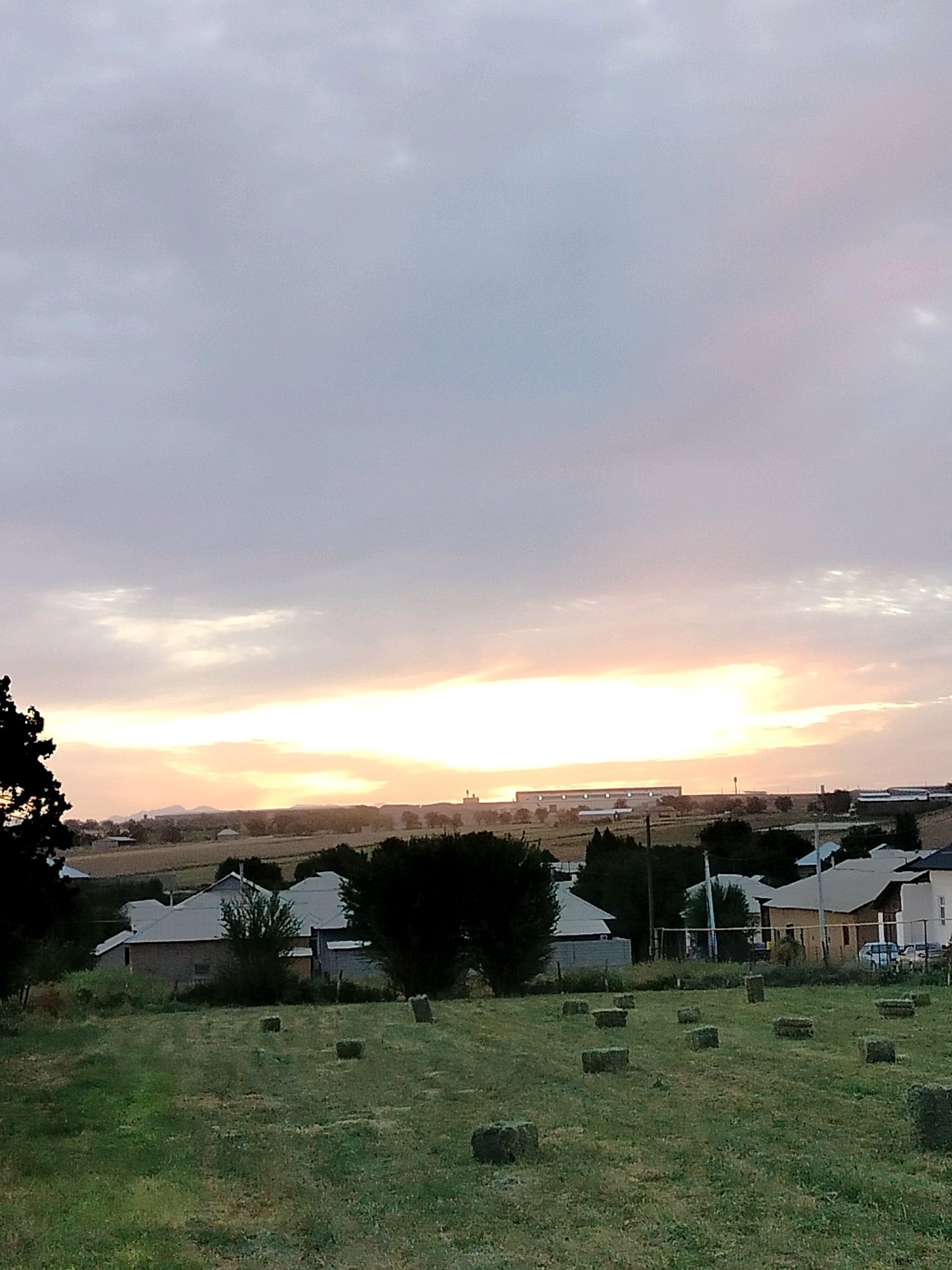 The image depicts a rural landscape at dusk, likely in the vicinity of Көлкент, Kazakhstan. The sky is overcast with a band of pale orange and yellow light near the horizon, indicating the setting sun. In the foreground, a grassy field is dotted with numerous rectangular bales of hay. Beyond the field, several houses with pitched roofs are visible, suggesting a small settlement or village. A cluster of dark green trees stands behind some of the houses. In the middle ground, a long, low building with a light-colored facade and a dark roof is prominent, possibly an industrial or agricultural structure. Further in the background, rolling hills and mountains are silhouetted against the horizon. A single, dark tree with sparse foliage is visible on the far left edge of the frame. The overall impression is one of a quiet, agricultural area at the end of the day.