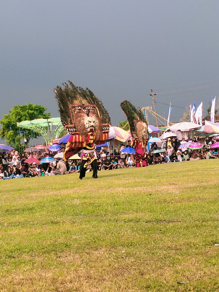 Two people are performing a traditional dance in the city of Karangmalang, Indonesia. They are wearing large, colorful costumes with large, exaggerated animal heads, possibly representing lions. The dancers are standing on a grassy field with a large crowd of people watching them. There are many umbrellas and other colorful items in the background. The sky is grey and overcast. The scene is likely a cultural celebration or a festival. The performance is taking place on a field surrounded by a dense crowd of people, all looking at the dancers. The performers are walking toward the crowd, with their costumes and headpieces being very elaborate and detailed. There are several vendor stalls and stalls set up in the background. The scene is lively, vibrant and celebratory. The location is likely a field or open area in a public space in the city of Karangmalang, Indonesia. The coordinates -7.47, 111.064 pinpoint the location of the image as being in Karangmalang, Indonesia.